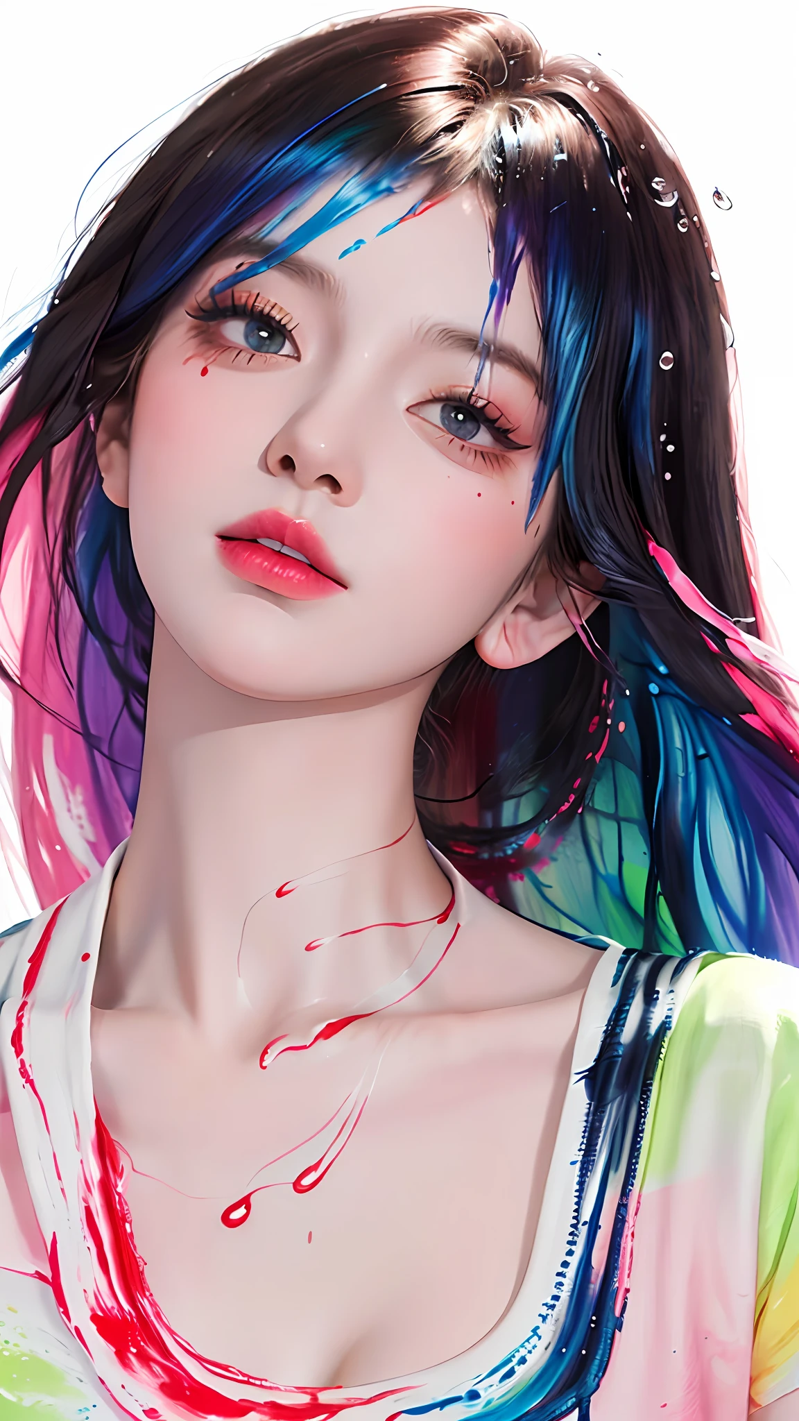 (Masterpiece, Best Quality, High Resolution), White Background, ((Paint Splash, Color Splash, Splash of Ink, Color Splash)), Sweet Chinese Girl, Rainbow Hair, Pink Lips, Front, Upper Body