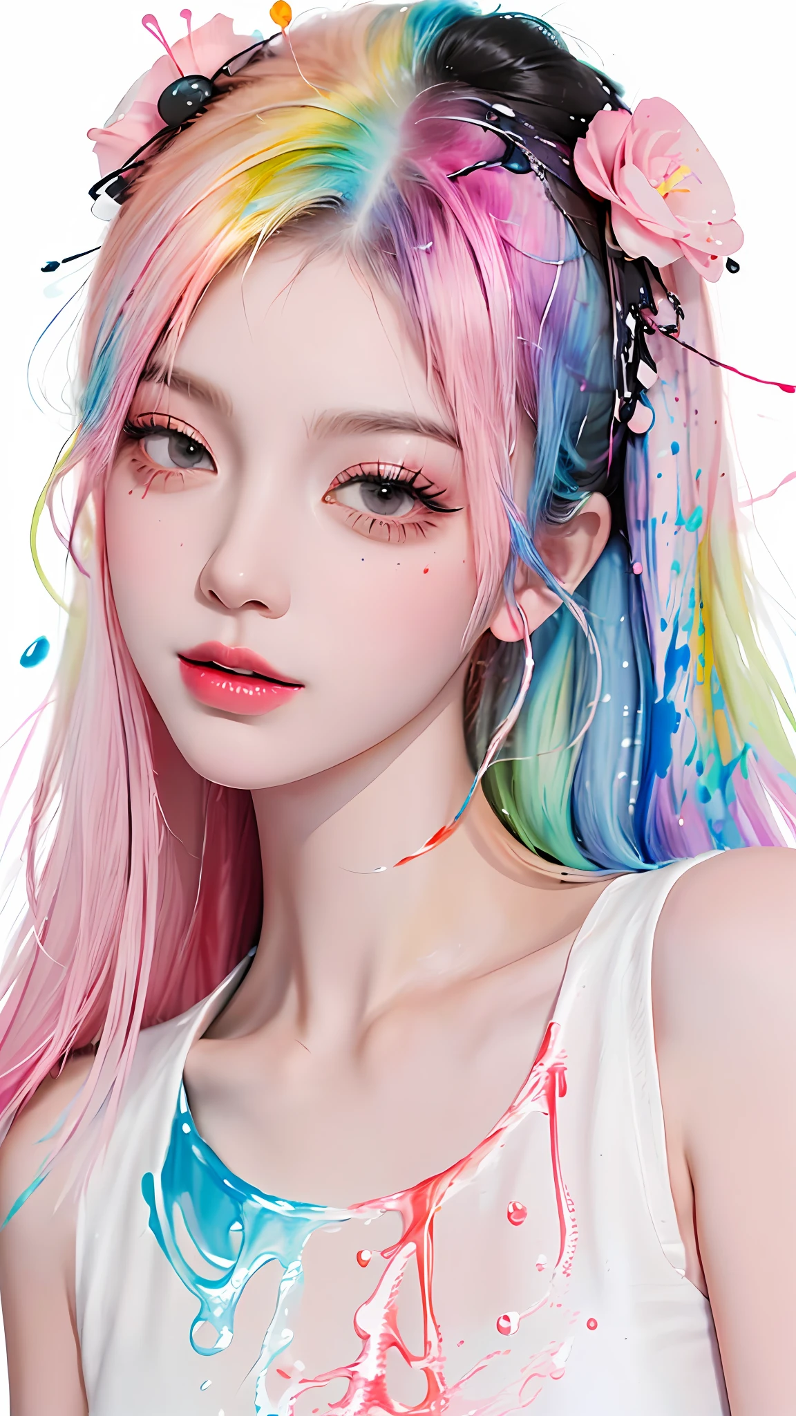 (Masterpiece, Best Quality, High Resolution), White Background, ((Paint Splash, Color Splash, Splash of Ink, Color Splash)), Sweet Chinese Girl, Rainbow Hair, Pink Lips, Front, Upper Body