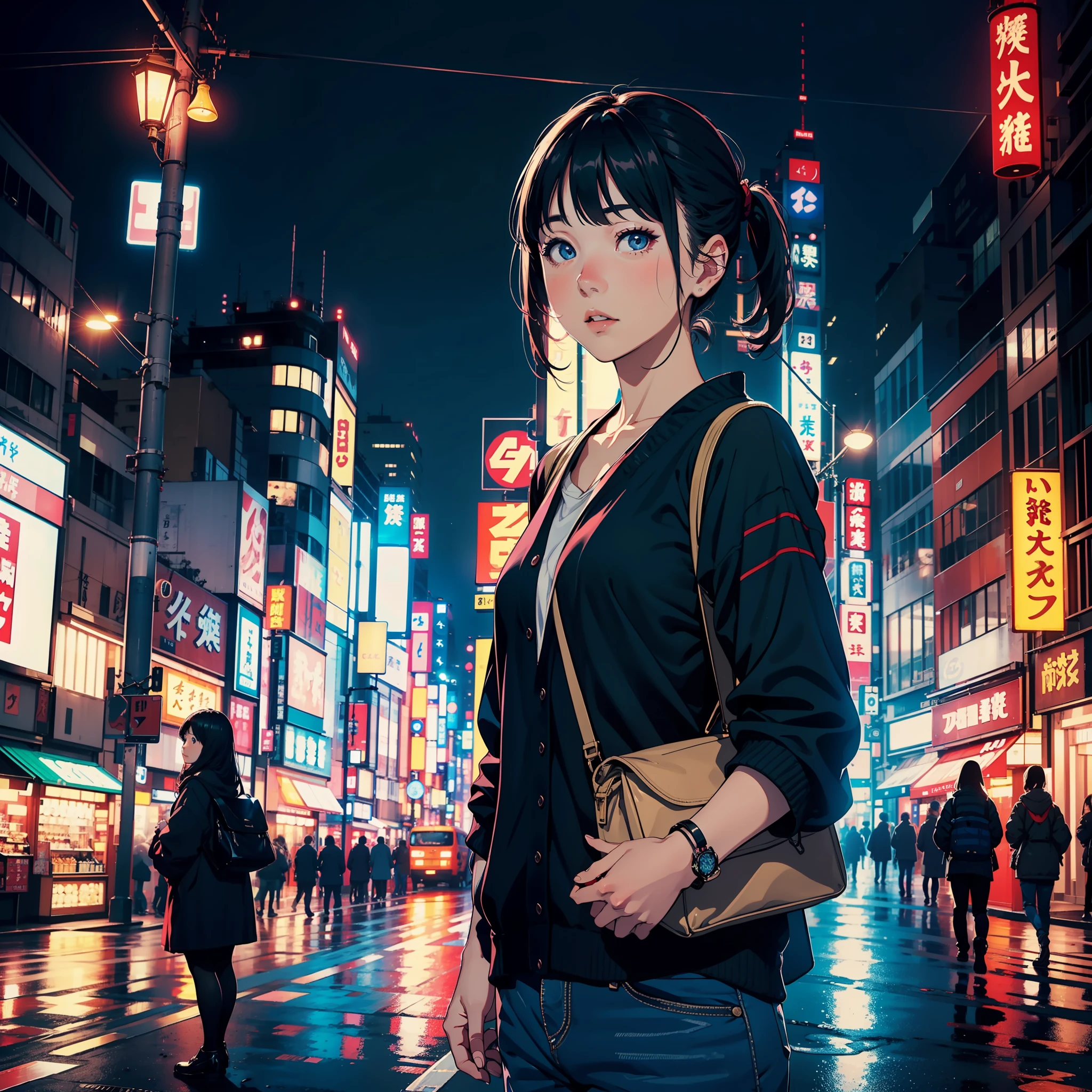 city, night, japan, tokyo, shibuya cross road, womman, beauty, cute, mature, casual, see up, tilting face, wide lens, taken with fuji film camera, hdr