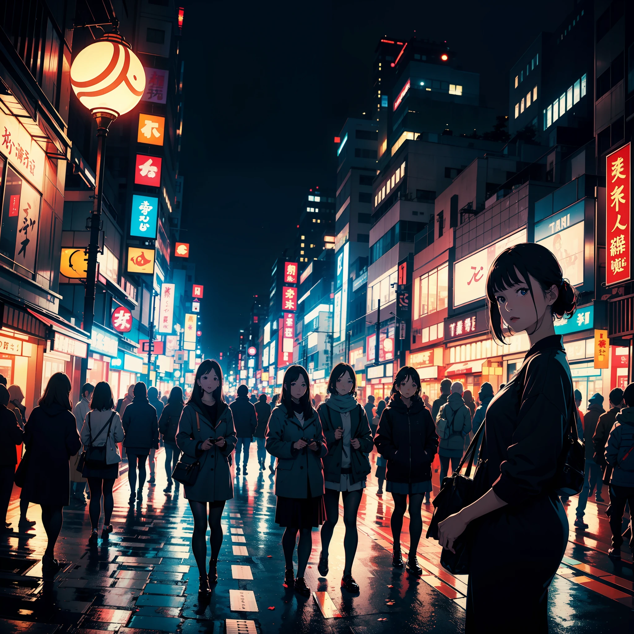 city, night, japan, tokyo, shibuya cross road, womman, beauty, cute, mature, casual, see up, tilting face, wide lens, taken with fuji film camera, hdr