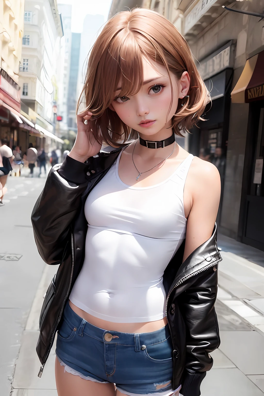((medium chest, tomboy, small head)), daylight, sunlight, (contoured abs: 1.1), (perfect body: 1.1), (short wavy hair: 1.2), russet hair, collar, chain, full body shot, crowded streets, wearing white bra ((white tight panties)), (extremely detailed CG 8k wallpaper), (extremely delicate and beautiful), (masterpiece), (best quality: 1.0), (super high resolution: 1.0), beautiful lighting, perfect lightning, realistic shadows, [ High resolution], detailed skin, ultra-detailed