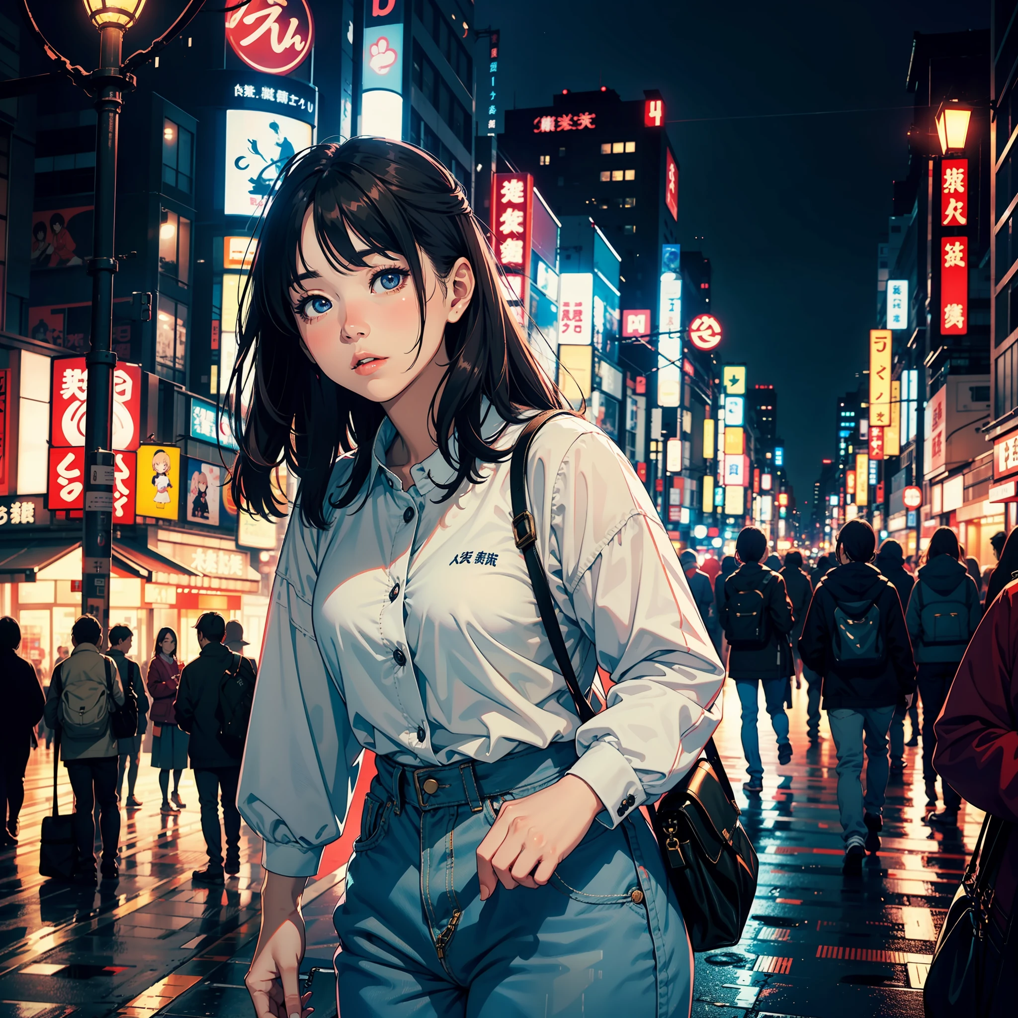 city, night, japan, tokyo, shibuya cross road, womman, beauty, cute, mature, casual, see up, tilting face, wide lens, taken with fuji film camera, hdr