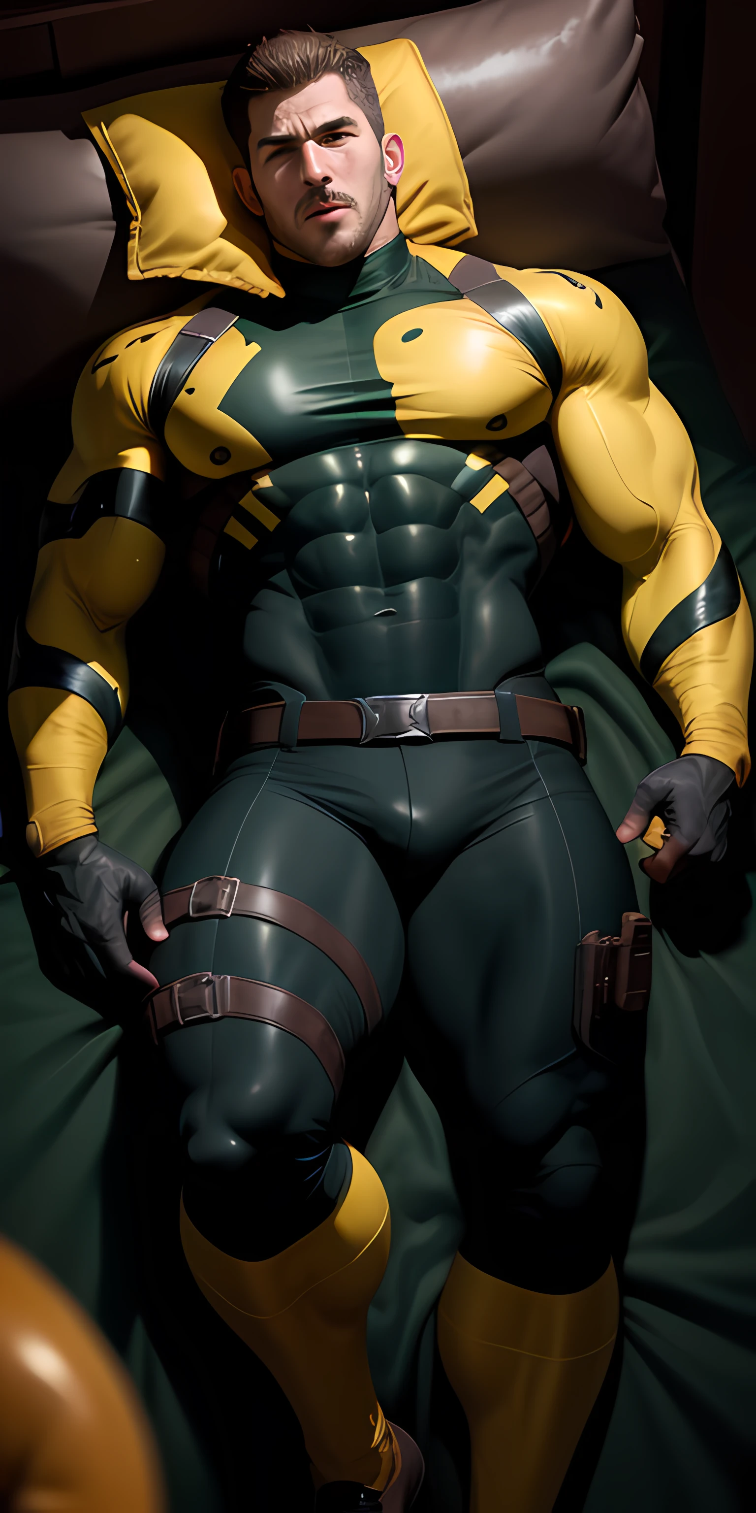 1 muscular man wrapped in dark yellow turtleneck Slime, lying on a large bed wrapped in dark yellow tentacles with a large number of dark yellow tentacles on the bed, confused eyes, muscle hero, Buzz Cut, tall and burly, muscular! Tall burly and stout, stealth suit, thickened thermal tights, sexy thick legs, super buff and cool, high-resolution committee, character design (Resident Evil - Chris Redfield), rugged big feet, dark yellow cotton socks, attractive strong man, he opens his mouth wide and is screaming