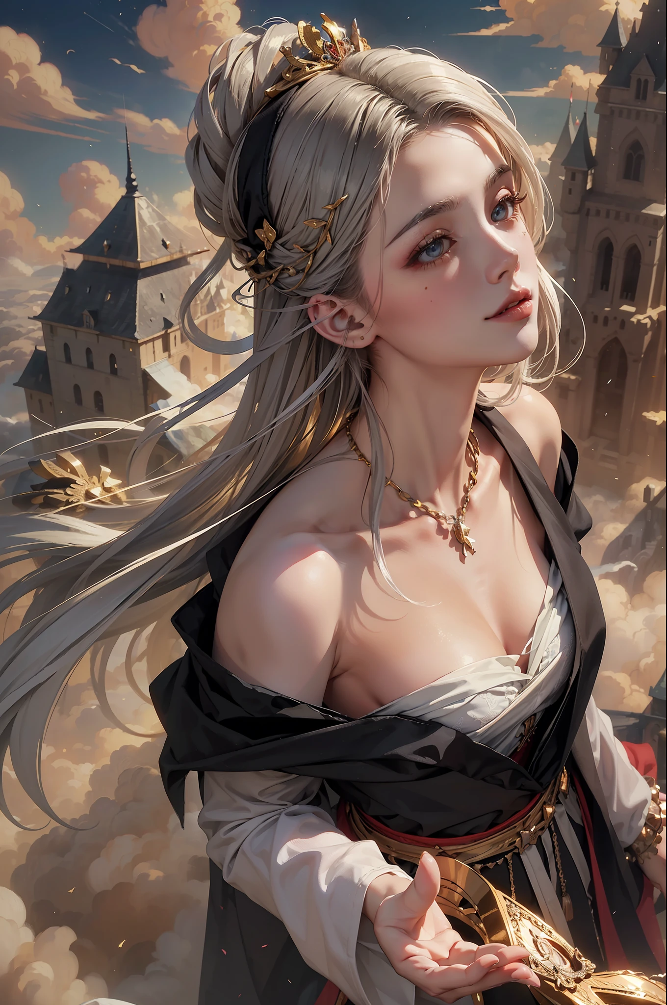 realistic, (masterpiece, top quality, best quality, official art, beautiful and aesthetic:1.2), very detailed, fractal art, colorful, most detailed, dynamic angle, (castle on the mountain on the clouds) 1girl, queen, silver hair, bright eyes, hair combed back, light smile, black robe, open cloth, From above