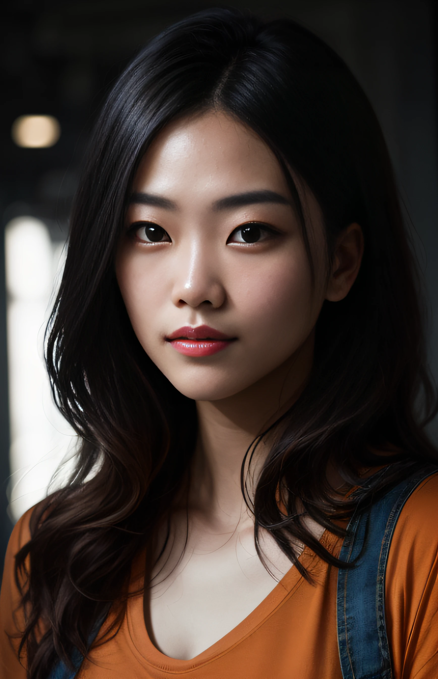 cyberpunk portrait photography, 21 years old Chinese,interior designer, beautiful  young girl looking off camera, super realistic face, eyes visible through hair, proper eye position, natural skin, soft light, rim light, in studio, detailed background, intricate , highly detail, octane render, HD, 8k, by Annie Leibovitz,120mm, shoulder,front view,wearing a orange shirt and  jeans,