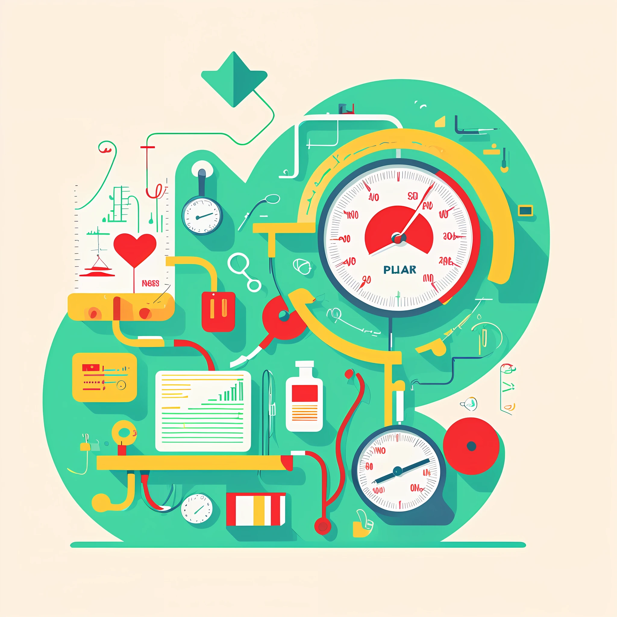 measuring blood pressure illustration, infographic with illustration, simple clean illustration, simple illustration, medical, hospital,,elderly, illustration, architecture,, full page illustration, flat illustration, illustration detailed, sustainable material, landscape illustration, color illustration, illustration, rising arrow, medical, manometer