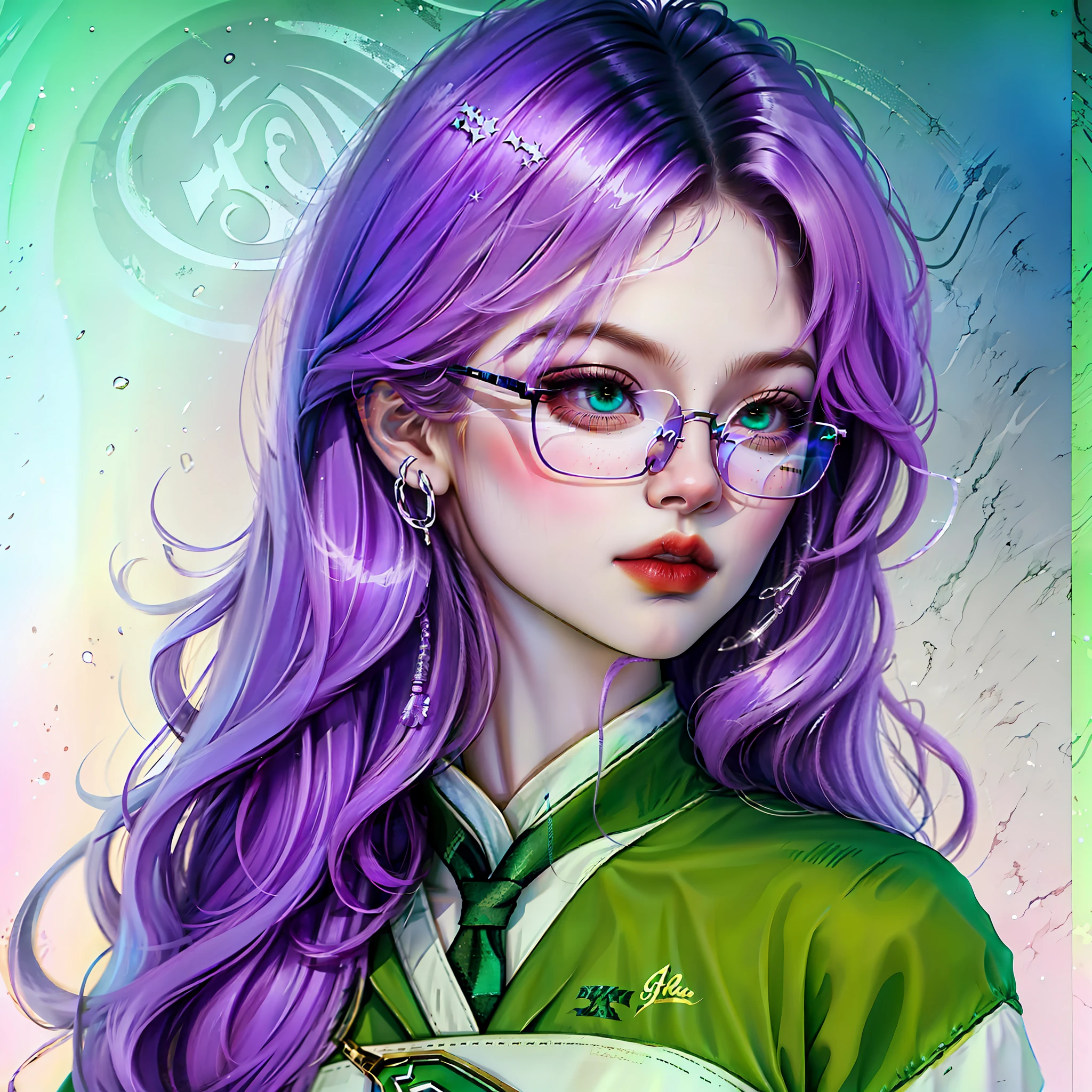 Slytherin uniform, purple hair, green eyes, powerful aura, glasses