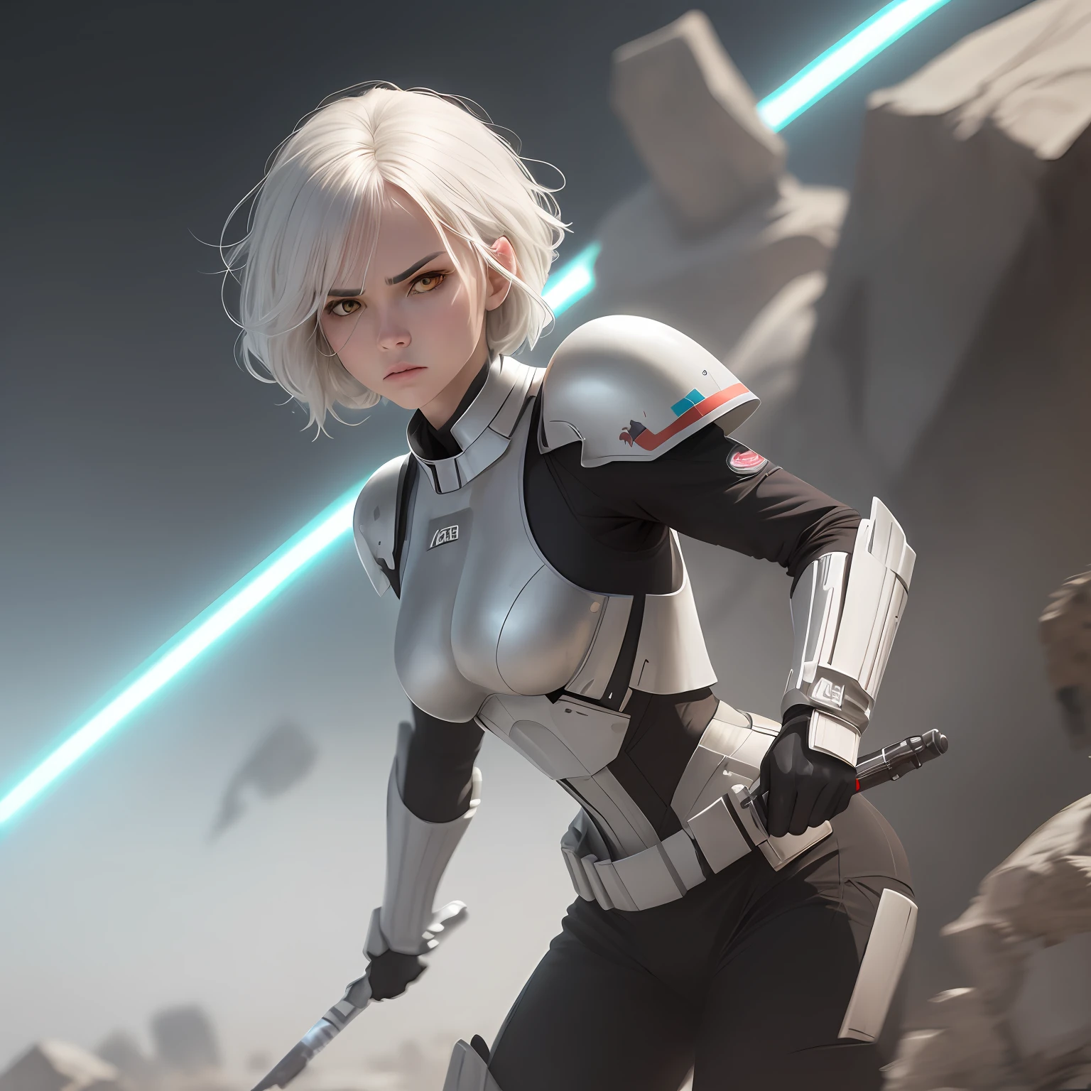 Blue lightsaber in hand, short hair, serious face, combat attire, white hair, yellow eyes, white armor, android, human appearance, adult woman --auto