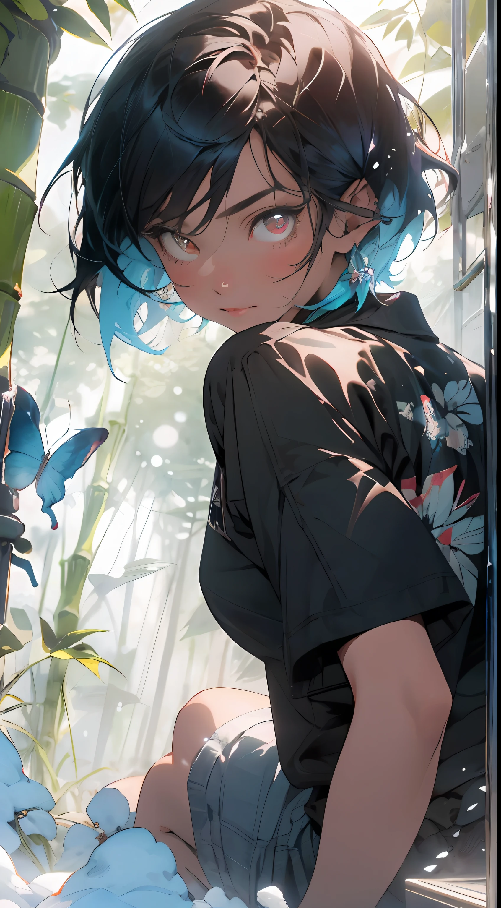 A mysterious woman, black and blue short hair 1.5, realistic, god, short hair, mysterious, (magic), bamboo forest, butterfly, (glowing red eyes 1.5), (masterpiece, top quality, best quality, official art, beauty and aesthetic: 1.2), perfect figure, ill-fitting clothes, snow white skin, style art germ, extremely detailed art germ, IG model, (best quality), super detailed, super realistic, Octane renderer, high dynamic range, (HDR), 32K resolution, Super Resolution, Megapixels, Tyndall Effect, Lens Vires, Shadows, Backlight, Depth of Field, Natural Daylighting, Hard Focus, Film Grain, Mirror Hologram, Ray Tracing, Very Detailed, Fractal Art, Colorful, Most Detailed, Zentangle, (Abstract background: 1.5)