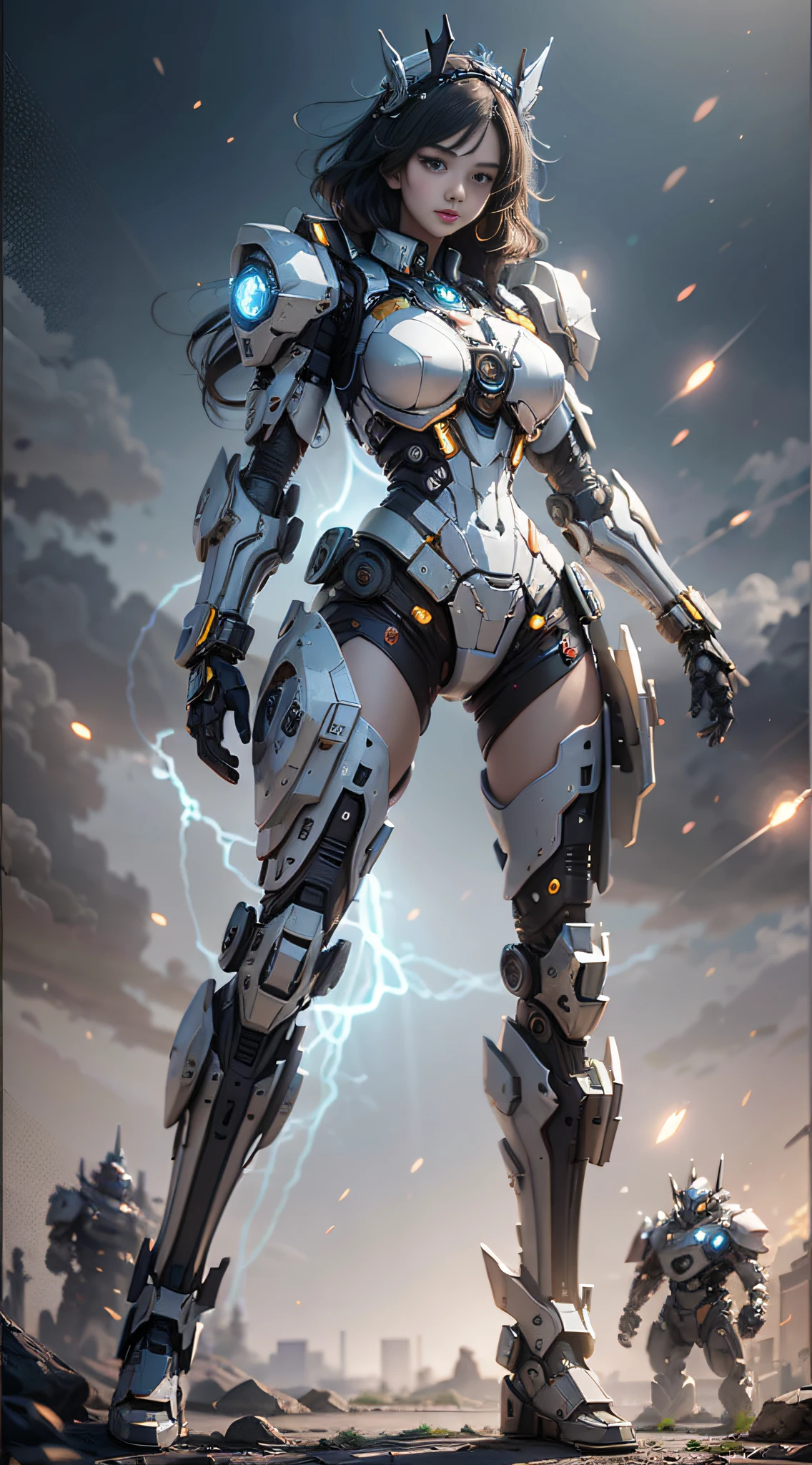 (Best Quality)), ((Masterpiece)), (Very Detailed: 1.3), 3D, master chef-mecha, Beautiful cyberpunk woman wearing crown, with master chef style armor, sci-fi technology, HDR (High Dynamic Range), ray tracing, nvidia RTX, super resolution, unreal 5, subsurface scattering, PBR texture, post-processing, anisotropic filtering, depth of field, maximum sharpness and sharpness, multi-layer texture, Specular and albedo mapping, surface shading, accurate simulation of light-material interactions, perfect proportions, octane rendering, duotone lighting, low ISO, white balance, rule of thirds, wide aperture, 8K RAW, high efficiency subpixels, subpixel convolution, light particles, light scattering, Tyndall effect, very sexy, full body, battle pose, black hair with braids,
