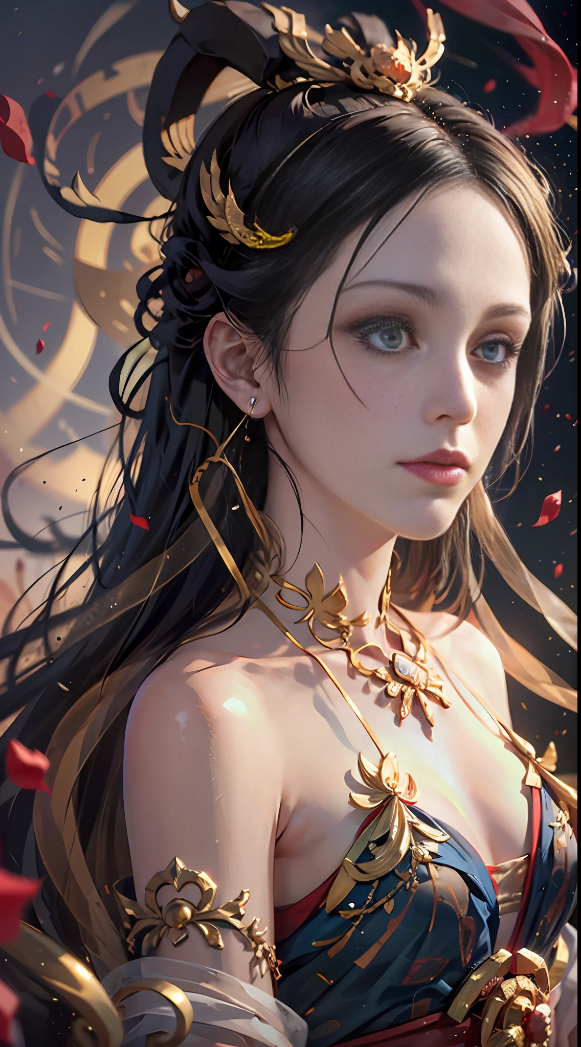 Best Quality, Masterpiece, Ultra Detail, Extreme Detail, 8k Wallpaper, Realistic Details, Movie Lighting, Dynamic Angle, World Mastery Theater, Best Quality, Extremely Delicate Beautiful Girl, Perfect Face, Delicate Facial Features, Perfect Hands, Delicate Eyelashes, Delicate Eyes, Ancient Chinese Hairstyle, Peking Opera, Horror, Spooky Atmosphere, Darkness, Red Lantern, Spirit Rune, Golden Ratio, Messy, Bust, Melancholy Expression, Small Laugh, Red Tears, Rose Petals, Red Candles, Side Look