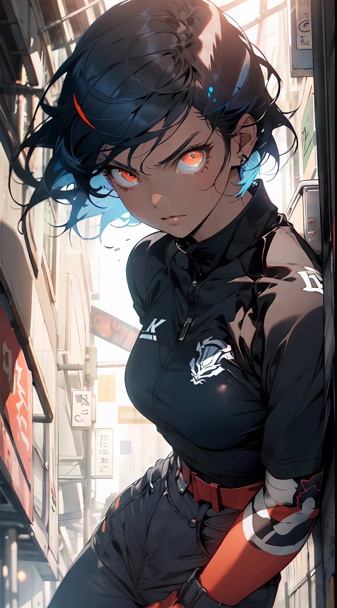 A mysterious woman, realistic, (glowing red eyes 1.5), (overhead shot 1.9), tight uniform, angry expression, black and blue hair 1.5, short hair, handsome woman