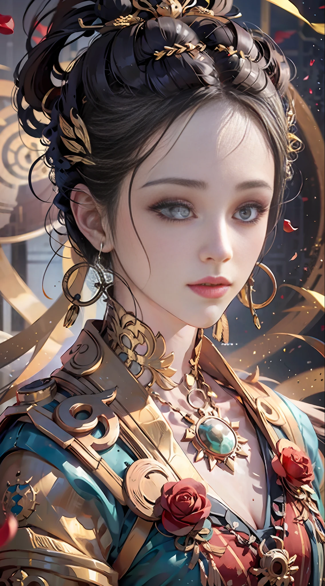 Best Quality, Masterpiece, Ultra Detail, Extreme Detail, 8k Wallpaper, Realistic Details, Movie Lighting, Dynamic Angle, World Mastery Theater, Best Quality, Extremely Delicate Beautiful Girl, Perfect Face, Delicate Facial Features, Perfect Hands, Delicate Eyelashes, Delicate Eyes, Ancient Chinese Hairstyle, Peking Opera, Horror, Spooky Atmosphere, Darkness, Red Lantern, Spirit Rune, Golden Ratio, Messy, Bust, Melancholy Expression, Small Laugh, Red Tears, Rose Petals, Red Candles, Side Look
