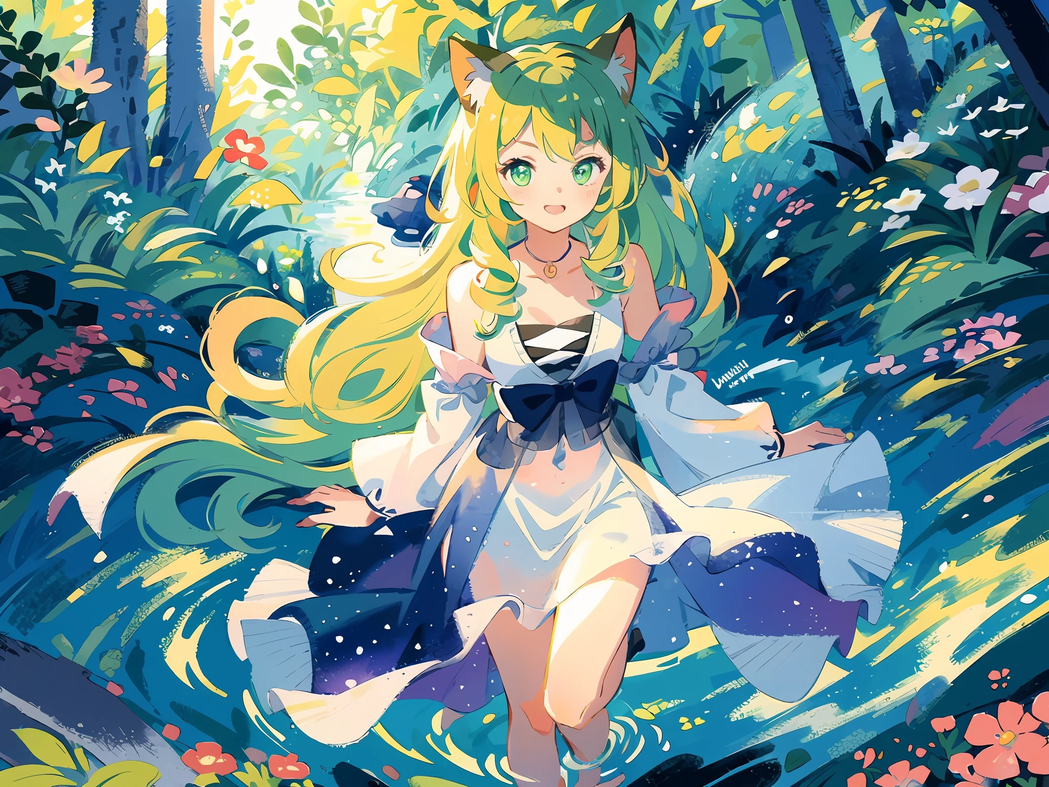 (highest quality), (masterpiece: 1.2), (colorful: 0.9), (ink splash)), (color splashing), (watercolor)))), clear focus, model shot, full body,
(Summer Portrait Goddess: 1.5), cute look, cat ears, elegant green hair, beautiful detailed face and eyes, elegant goddess clothes, ((summer forest background)),
Colored Water, Forest
