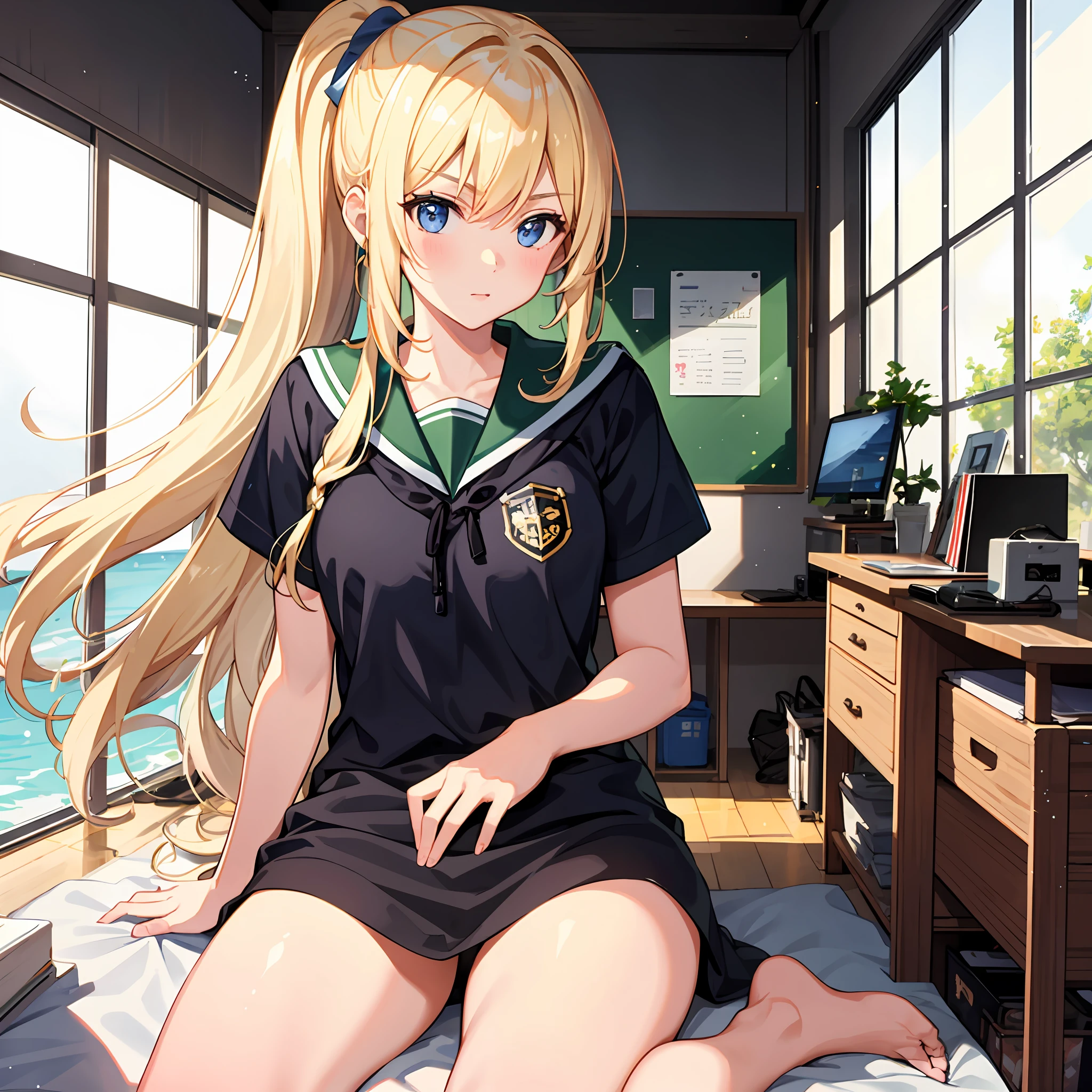 girl, blonde, ponytail, {Ijichi Nikonatsu}}}}, high school student, sidelight, light particles
