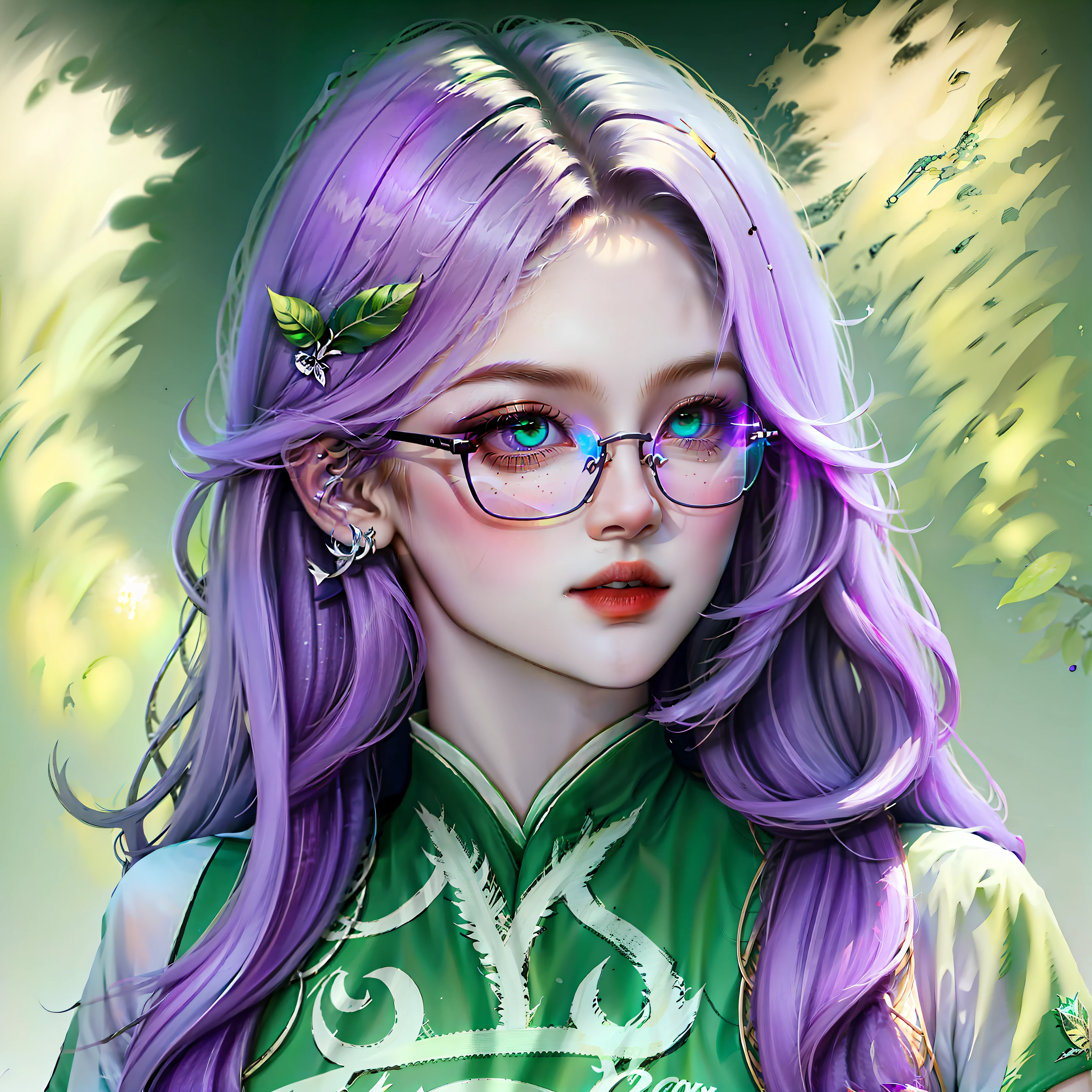 Slytherin uniform, purple hair, green eyes, powerful aura, glasses