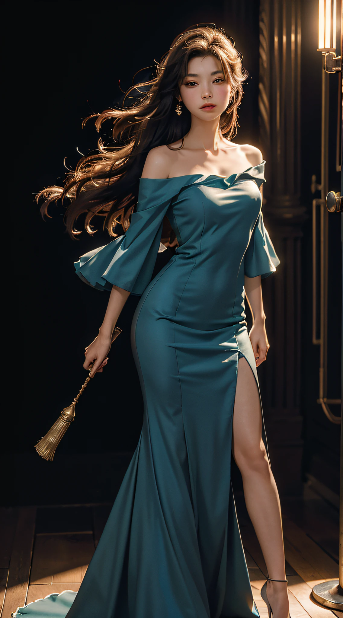 Master masterpiece, best quality, masterpiece, super high resolution, (fidelity: 1.4), original photo, 1girl, superb figure, lady dress, exquisite and perfect facial features, off-the-shoulder, cinematic lighting