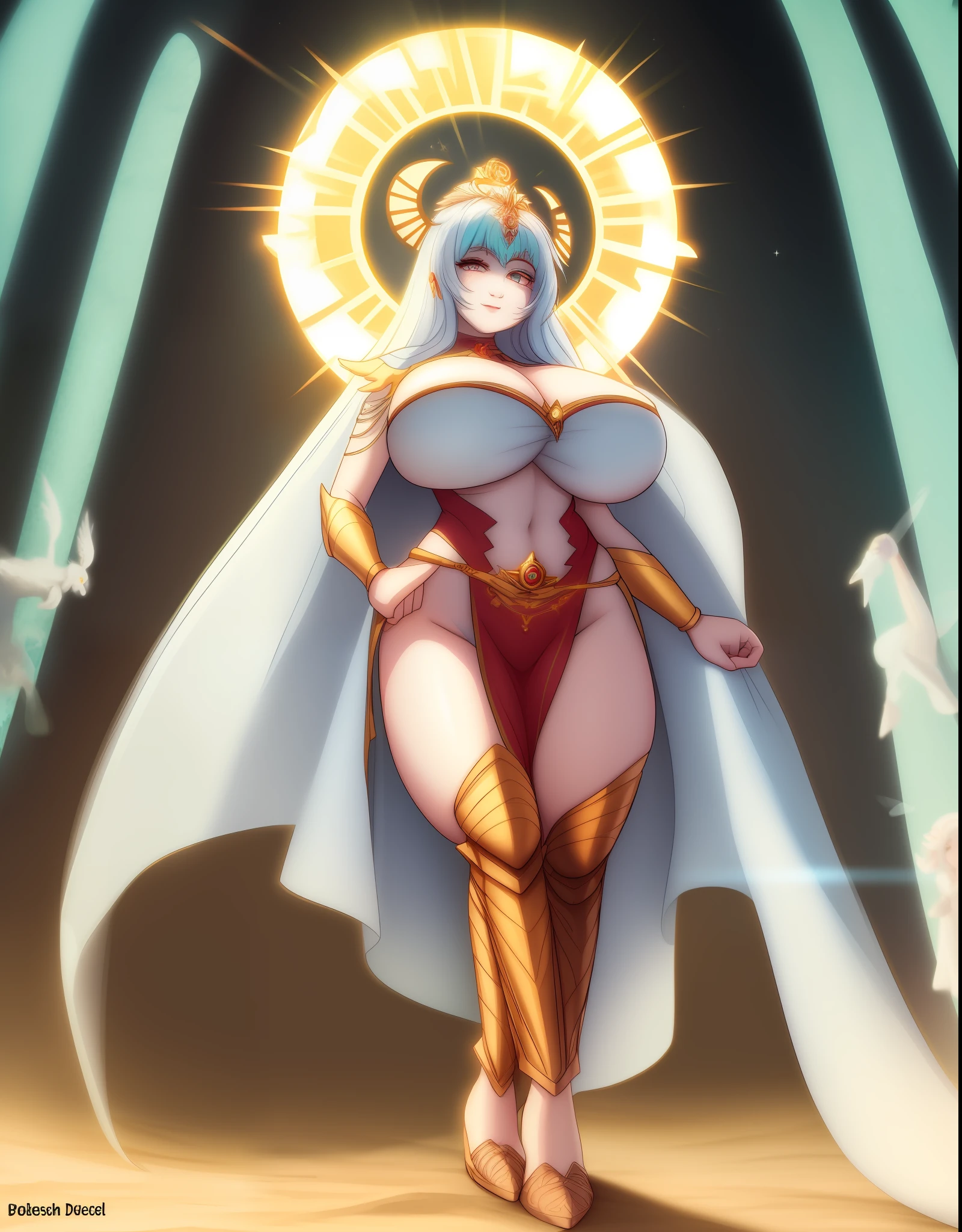huge breast, curvy, female,fantasy goddess,there is a cartoon picture of a woman with a very large breast, glowing angelic being, glowing holy aura, inspired by Luma Rouge, the non-binary deity of spring, ethereal rainbow nimbus, the butterfly goddess of fire, inspired by Marie Angel, glowing aura around her, astral fairy, as the goddess of the sun, “uwu the prismatic person, big breast, happy, beautiful eyes, , full body, walking, long robe, long dre, catgirlss