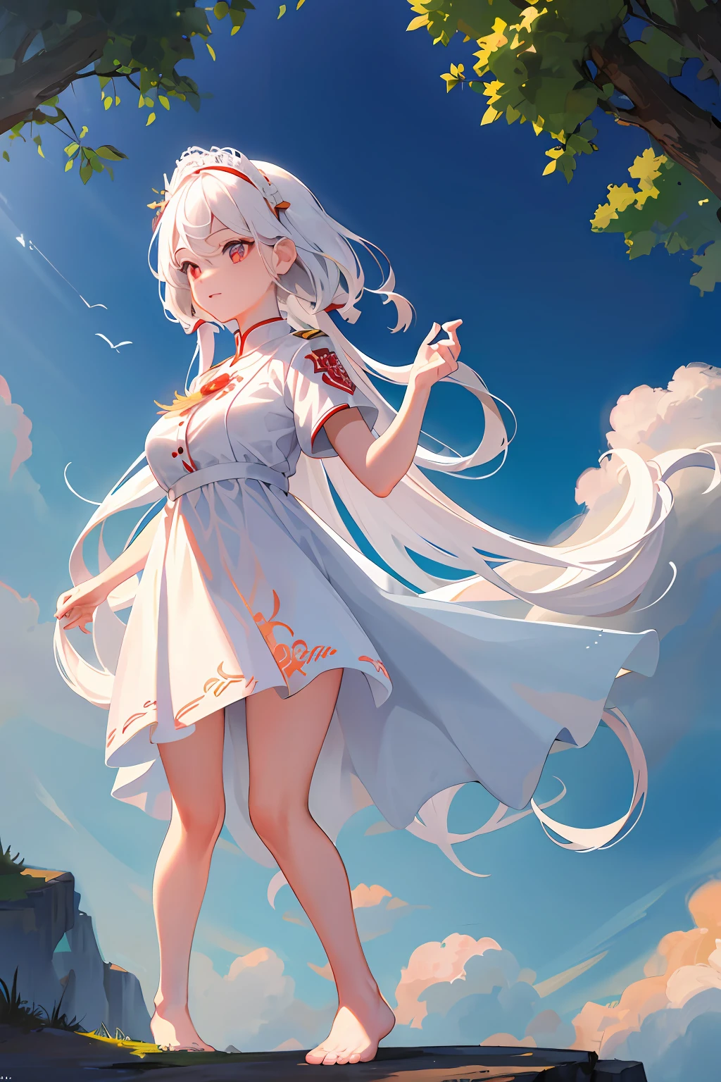 Masterpiece, best quality, 1 long girl with white hair standing on water dancing, blue sky, birds, distant peaks, clouds, warm lights, long white dress, 2.5D, blurred foreground