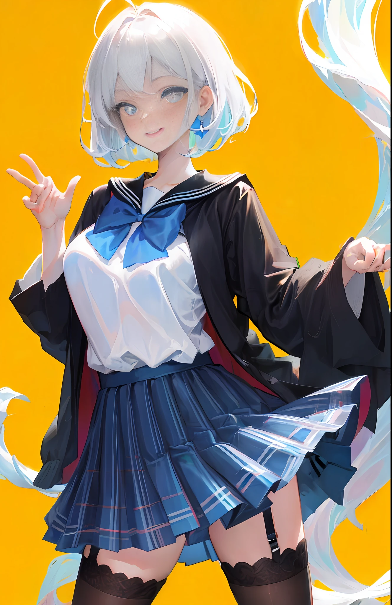 Meisterwerk, great quality,great resolution,A girl,bust, Silver-white hair, Gradient hair color,ple short hair, Big dull,Cover your ears, blueeyes,Point pupils,eyes open, Looking at the viewer, Black lace lingerie,Sorrisos,long eye lashes(((great resolution))),(Original,,),((High Picture Quality)),(((great quality))),(Celluloid style),(((correct proportion))),(student),(Meisterwerk),(ple short hair),(silvery white hair),((Bobotou ·),(floating hair),Partial bangs,(((Sapphire eyes))),Lashes,((Point pupils)),Detailed eye depiction,(Eye highlights),(An antenna dull hair),gradient color hair,fluffy hair,(eyelash),(Pupil highlight),Gradient pupil color,(Fair Skin),(Shying),(The ultimate portrayal is the five senses),(The ultimate portrayal is clothes),correct hand,correct proportion,(Perfect Figure),miniskirts,((sailor clothes)),(School Uniforms),(((great resolution))),(((Original,,,))),(((ple short hair))),(Silvery-white hair),(slanted bangs),Air bangs,(天线呆毛1.2),(((wave head))),Glossy Hair,(Extremely depicted hair),Hair details,Brilliant eyes,(fluffy hair),((blueeyes)),(((Royal sister))),Mature,stable,stable,stable,(((Point pupils))),Pupil highlight,(gradient color hair) ,(Detailed pupil characterization)), Fair Skin,animesexy,(Celluloid style),a girl,(Correct proportions),(Blue plaid bow tie),(Contemptuous eyes) ,((Black lace lingerie)),sexy lingerie,((Pleated skirt)),(blue plaid skirt),((Camisa)),(JK skirt)(Extremely depicted facial features),Extremely depicted hair,(((High Picture Quality))),(((Meisterwerk)))((the best quality t)),Hyper Detail,(The illustrations are super detailed),Rich in detail,Super delicate,Detailed depiction ,Detailed rendering,Brilliant colors,(Perfect Figure),indoor background,(Highlight light),(Ultra HD quality),(Detailed portrayal of the background),(Correct hand portrayal),((Eye highlights)),(Gradient pupil color),((Cuties)),(attractive smile),tsundere,(high school student、、),(Pleated skirt),Plump breasts,((Perfect body)),(Shying),blushed,(t