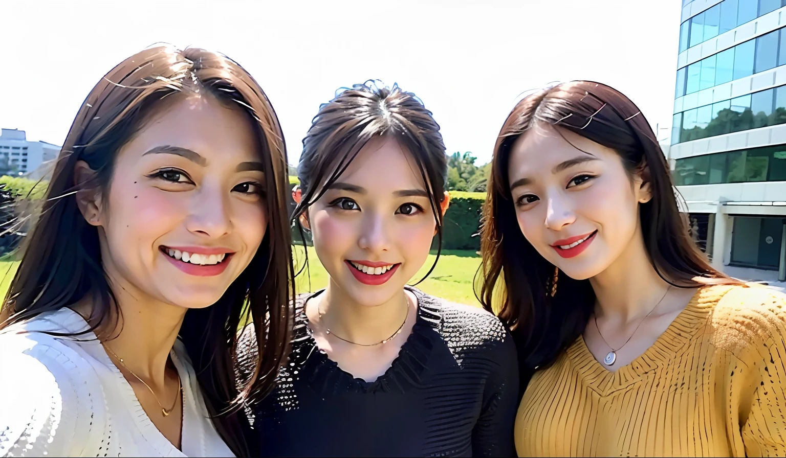 (Best Quality, 8k, 32k, Masterpiece, UHD: 1.2), Cute Japan Woman Pictures, Big Breasts, Full Body, (Sweater) Necklace, Simple Background, Look Around, Smiling, Multiple Cute Women