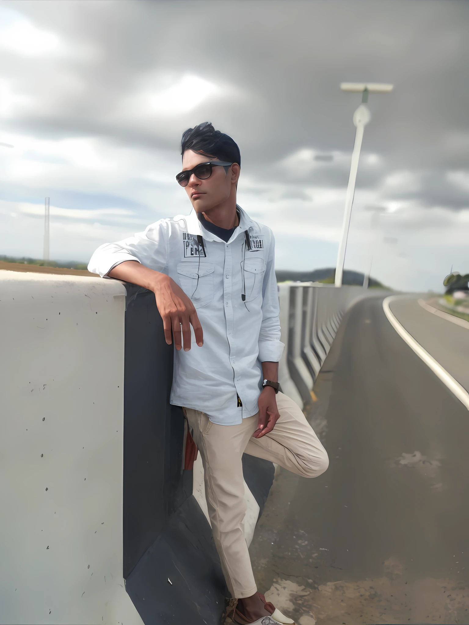 there is a man leaning against a wall on a highway, cool pose, stylish pose, casual photography, on a road, with a cool pose, with lovely look, standing in road, taken with sony alpha 9, photograpgy, very artistic pose, shot on sony a 7, background blur, shot on nikon d 3 2 0 0, scenary