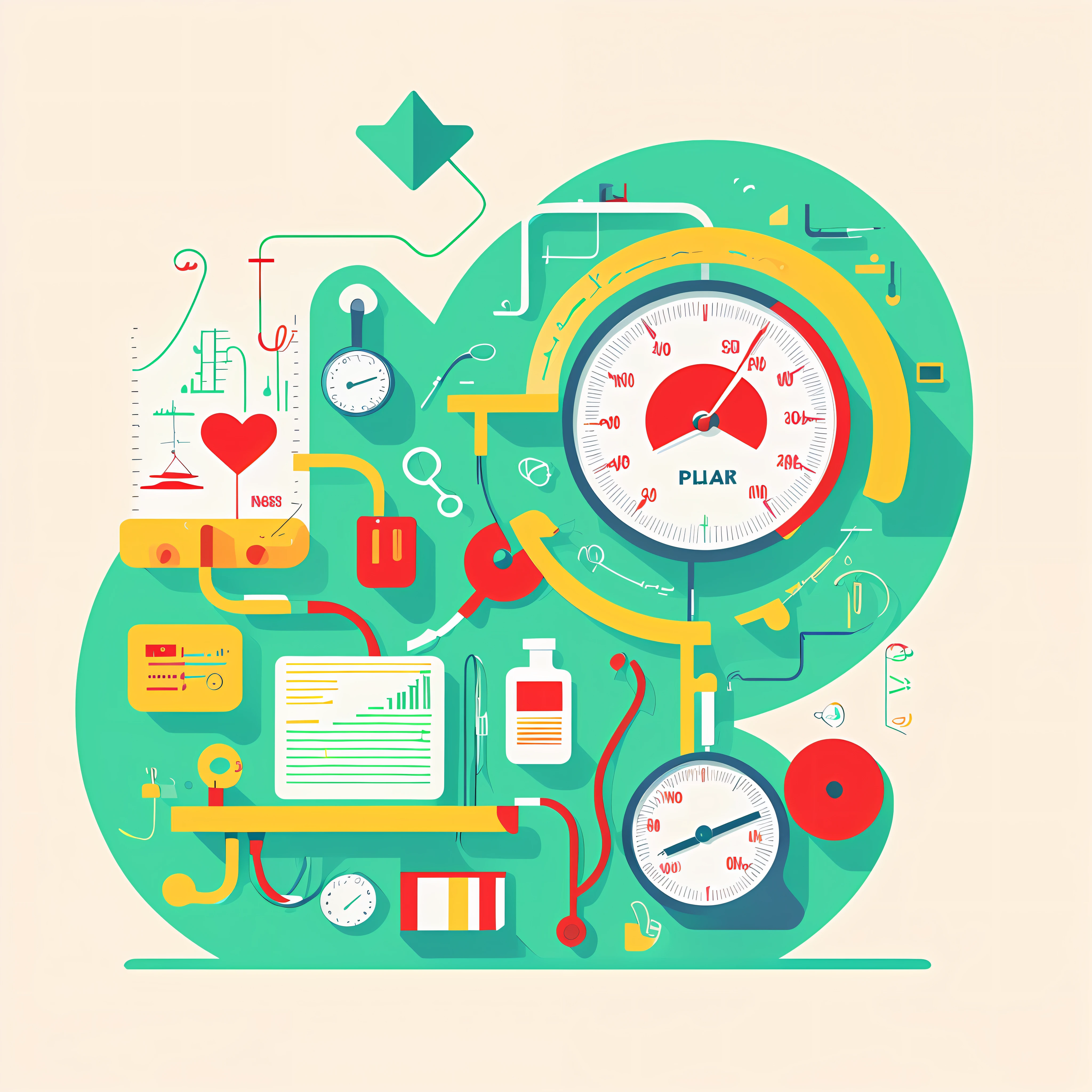 measuring blood pressure illustration, infographic with illustration, simple clean illustration, simple illustration, medical, hospital,,elderly, illustration, architecture,, full page illustration, flat illustration, illustration detailed, sustainable material, landscape illustration, color illustration, illustration, rising arrow, medical, manometer