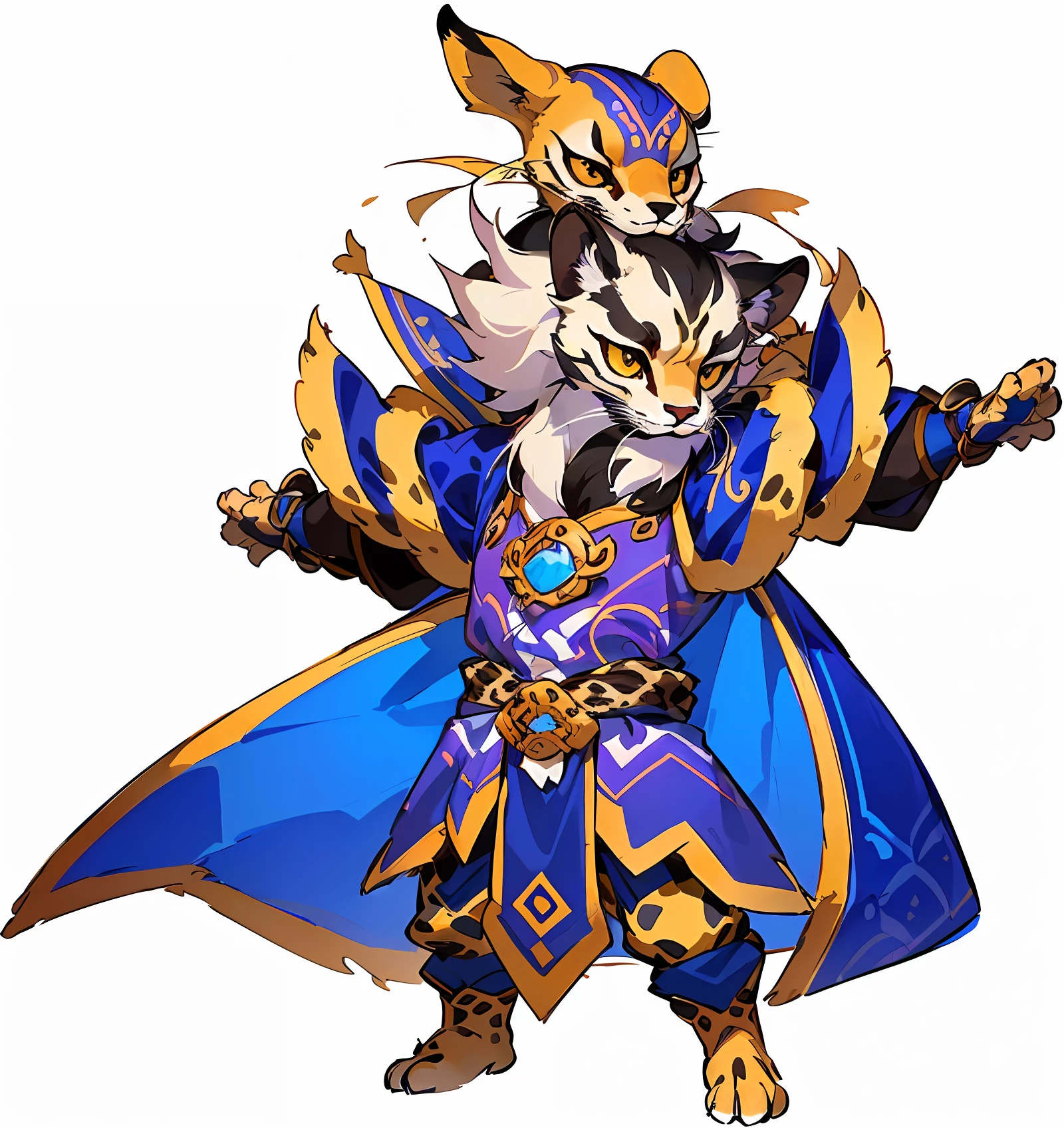 Q version cartoon 2 head body ratio, anthropomorphic cheetah male, animal image design, cheetah image wearing with ancient gorgeous clothes, cute expression big eyes, weapons, very handsome and tall, Q version cartoon monster standing painting, oblique standing, side view, sideways standing, full body portrait, cool shape
