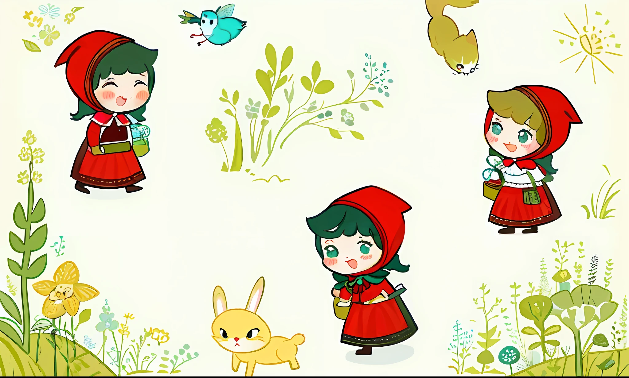 A girl and a rabbit cartoon with fox and bird, Little Red Riding Hood, fairy tale illustration style, Little Red Riding Hood, fairy tale style background, cute storybook illustration, fairy tale illustration, little red riding hood, storybook illustration, fairy tale illustration, storybook illustration, kids illustration, storybook illustration, girl, storybook illustration, cute, full hands, full expression, full cartoon face. Lawns, woods.