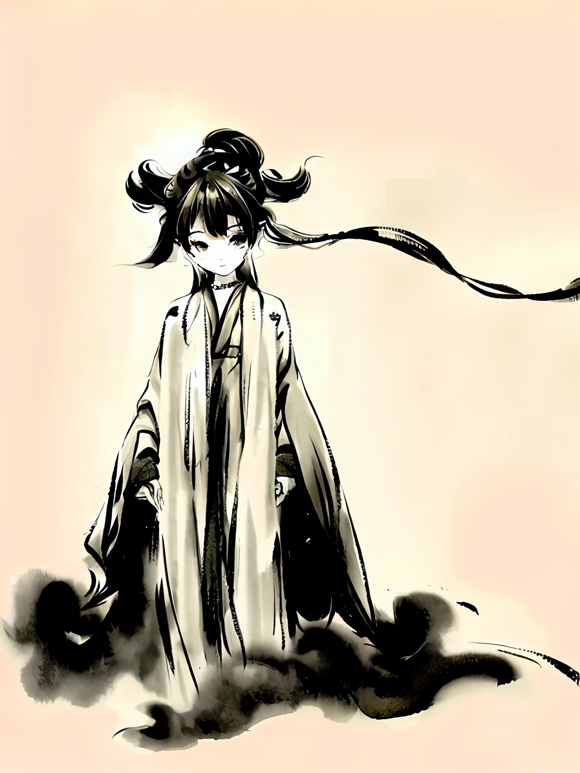 Jade Ruyi,ink style, black and white tones, white background, big scene, ancient girl wearing light red Hanfu, holding a light green jade Ruyi looking at it, there are auspicious clouds around her, the smudging effect of ink, the texture texture of rice paper.