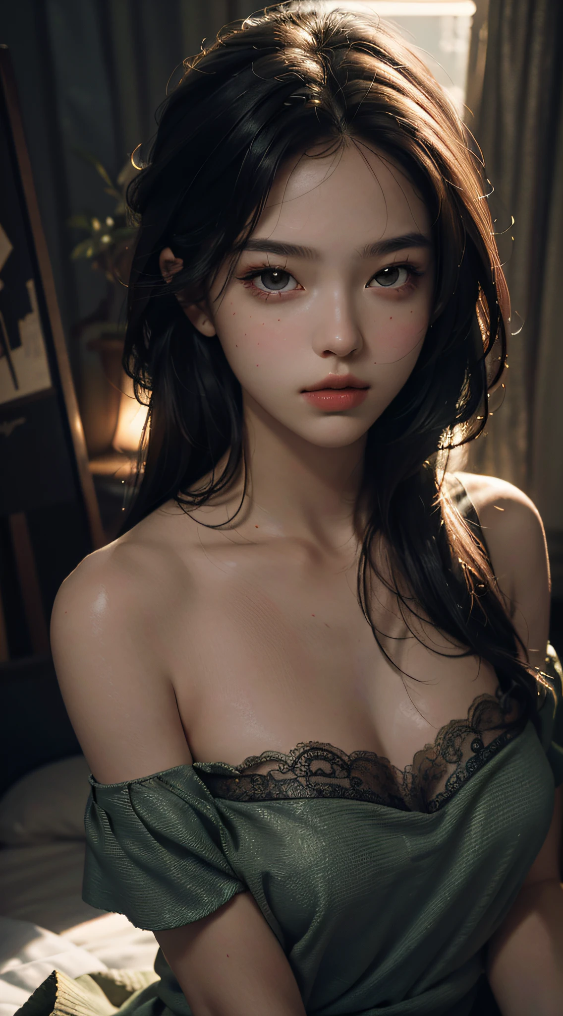 Master masterpiece, best quality, masterpiece, super high resolution, (realism: 1.4), original photo, 1girl, exquisite and perfect facial features, bare shoulders, cinematic lighting