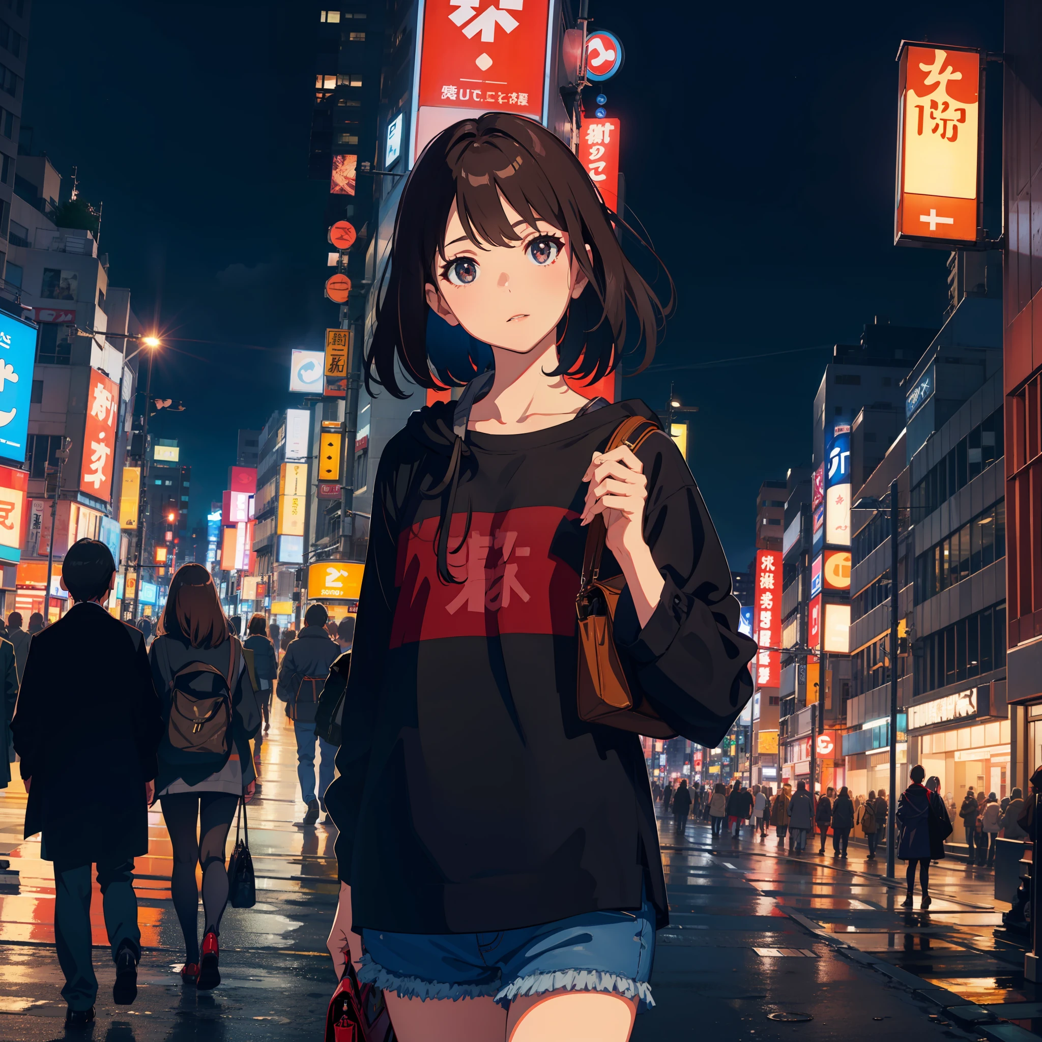 city, night, japan, tokyo, shibuya cross road, womman, beauty, mature, casual, see up, tilting face, wide lens, taken with fuji film camera, hdr