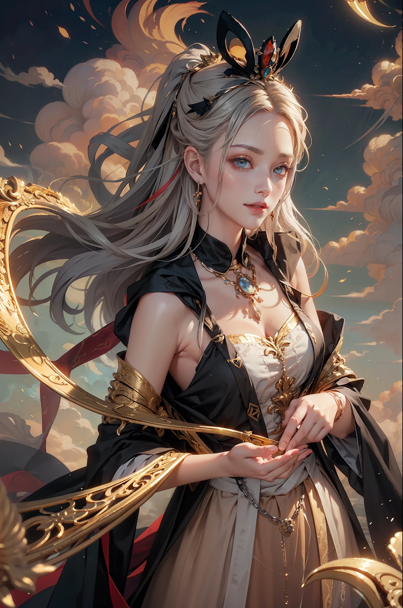 realistic, (masterpiece, top quality, best quality, official art, beautiful and aesthetic:1.2), very detailed, fractal art, colorful, most detailed, dynamic angle, (Wonderland on the clouds) 1girl, queen, silver hair, bright eyes, hair combed back, evil smile, amber eyes, Black robe, open cloth, from above