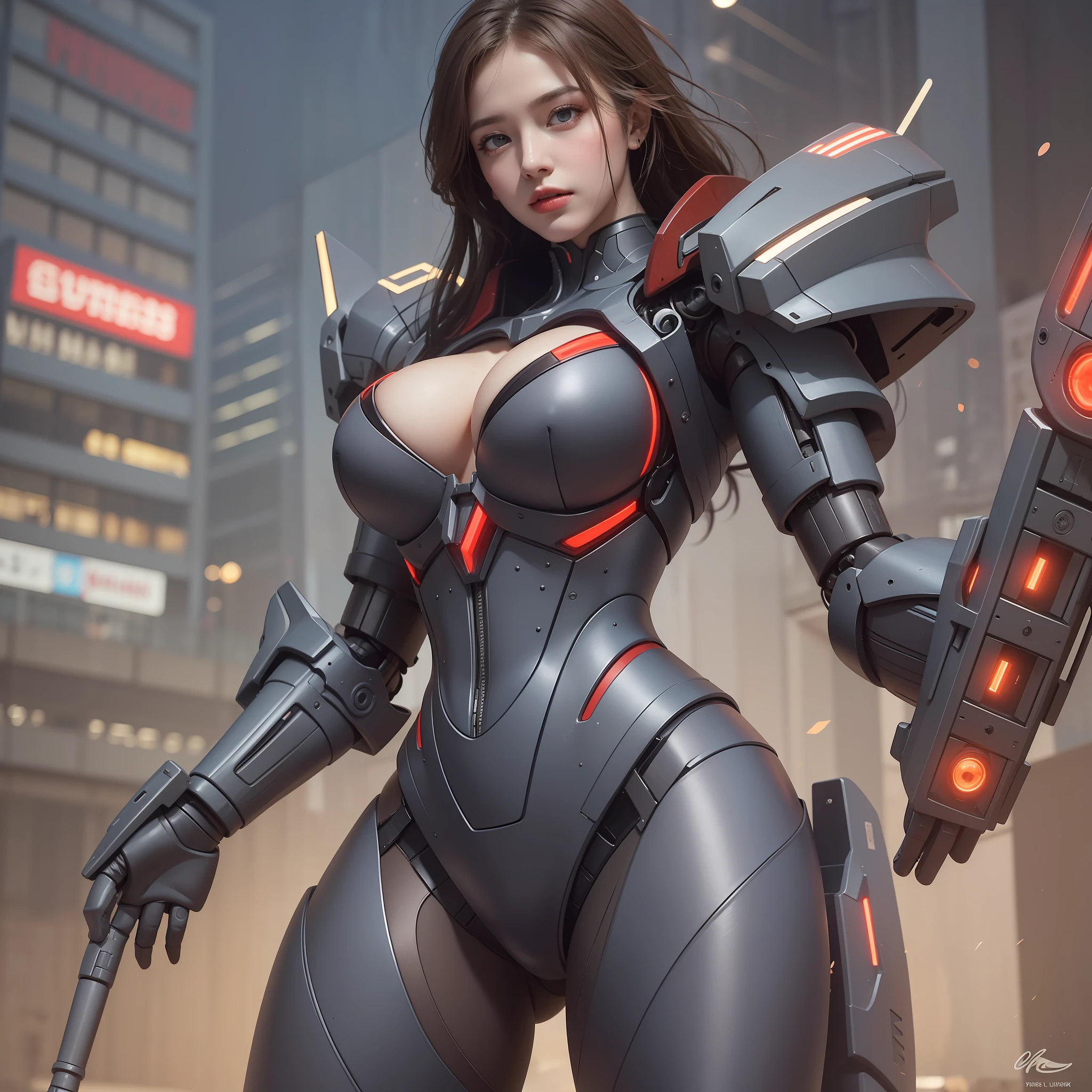 Girl, mecha suit, face and chest and thighs skin exposed, big, cleavage exposed skin, purple eyes, glowing eyes, fine LED lamps, detailed neon, Dark_Fantasy, cyberpunk suit, (Gundam, red: 1.1), one, mechanical wonder, robot presence, cybernetic guardian, wearing a worn-out mech suit, complex, (steel metal[rusty]), elegant and clear focus, cinematography by Gregg Lutkowski, soft lighting, vivid colors, masterpieces, (street)), cowboy shots, dynamic poses,