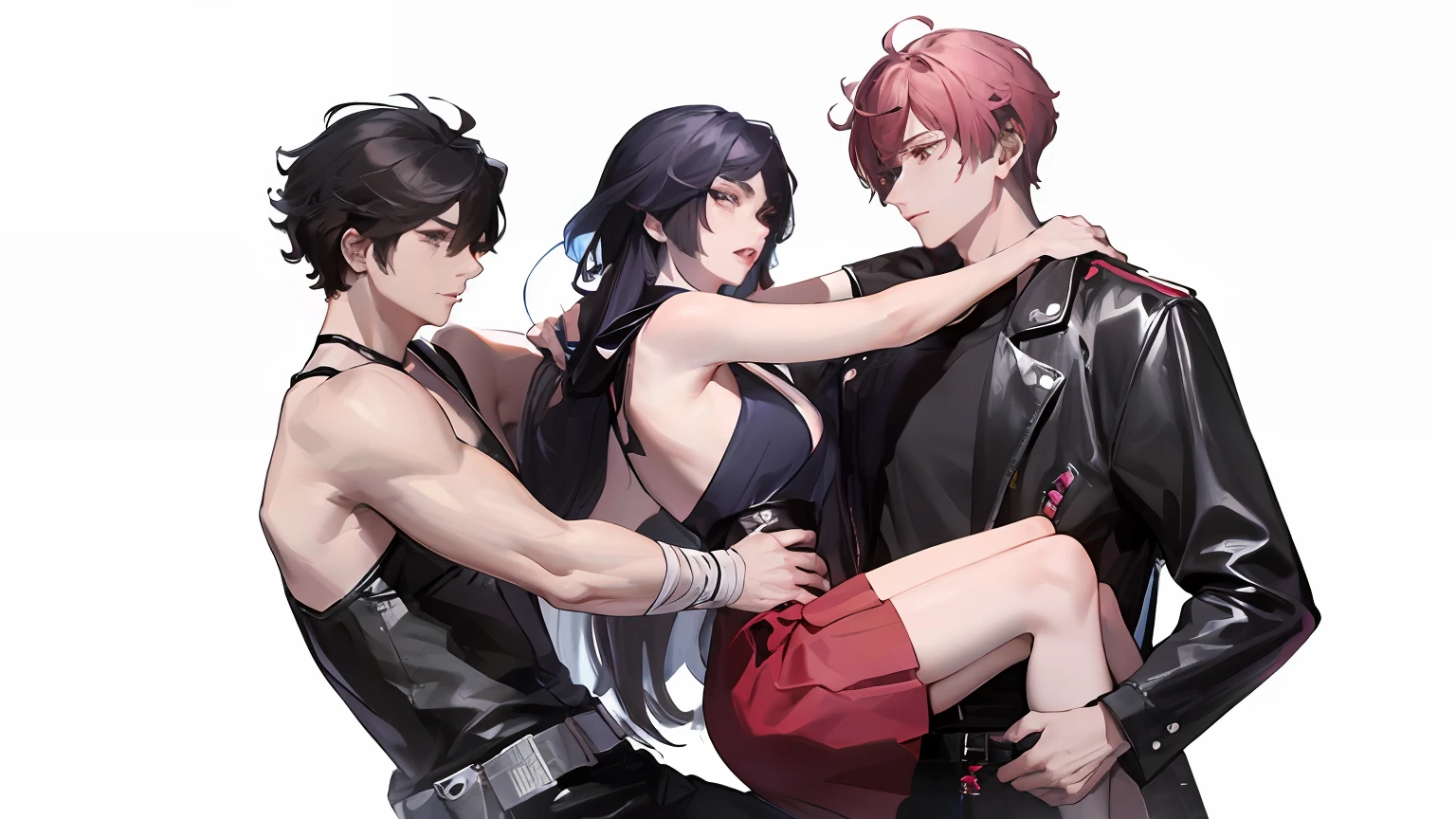 Anime poster of three people, man and woman in a nightclub environment, showing two men holding a woman, a man holding a woman's ass, a man with a man's hand bare a woman's waist, sexy, manga, cover illustration, KDA, KDA and Sam Yang, art cover, anime cover, Shen Se-jung, Nixeu and Sakimichan, art cover illustration, inspired by Jeonseok Lee, romance novel cover, Korean idol, young idol, official fan art, The cover of the manga shows two men holding a woman, girly romantic, sexy, backless dress, masterpiece, best quality, handsome, high appearance, high nose, big eyes, double eyelids, mixed race, tall, a woman wearing a beautiful skirt, long black hair, symmetrical eyes, big eyes, black eyes, GTS, fashi-girl, sexy, magazine cover, yuzuriha_ (jigokuraku), normal legs normal hands
