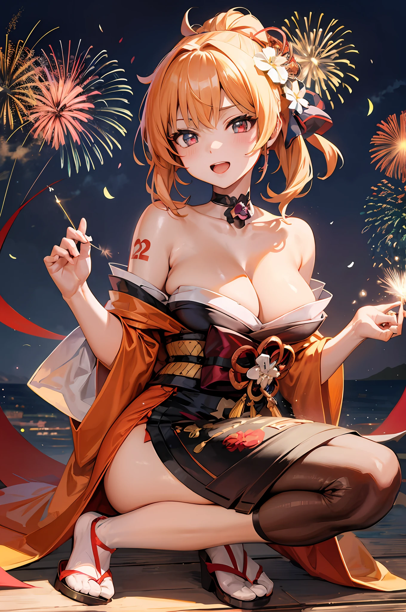 anime girl with big breasts sitting on dock holding sparklers, seductive anime girl, fireworks, beautiful charming anime woman, ayakahara kami impact, anime goddess, gwise on pixiv art station, [fireworks in the sky]!, gwise on art station pixiv, best anime 4k konachan wallpaper, goddess of Japan, taking off clothes and showing off
