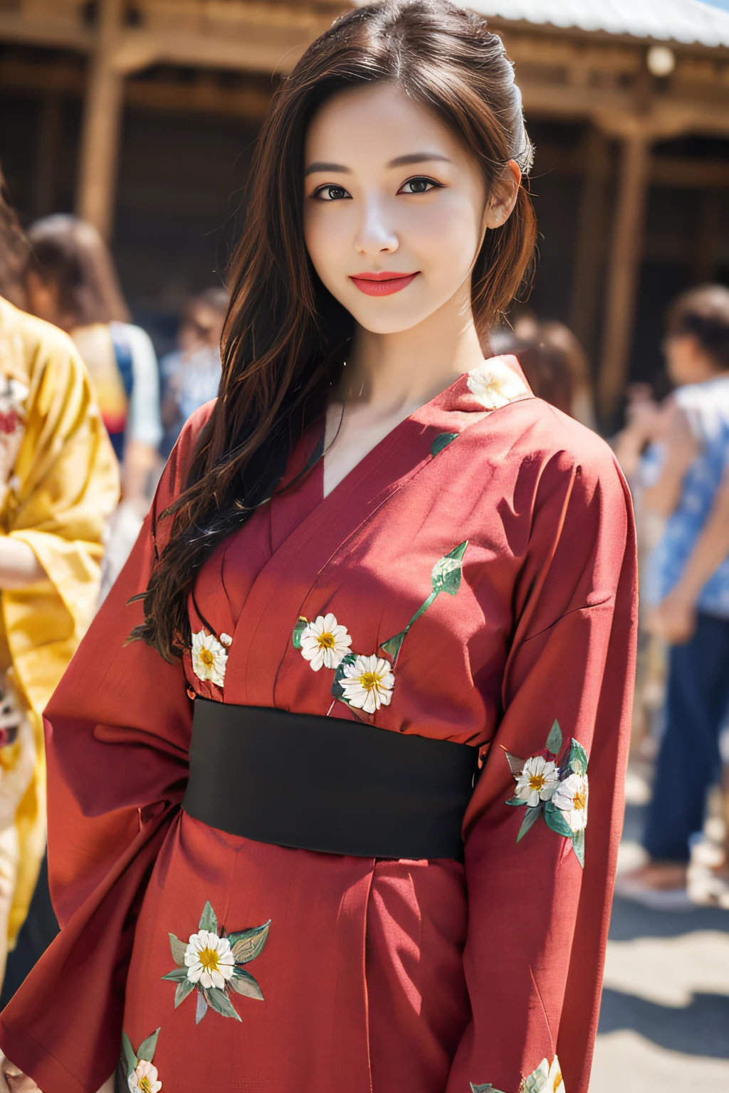 ((masterpiece, top quality, super definition, high definition)), solo, beautiful girl, shining eyes, perfect eyes, beautiful sister in Japan, red floral yukata, background is summer festival, high quality, 4K. festival, outside