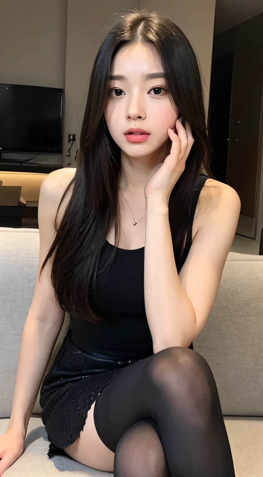 ((Top quality, 8k, Masterpiece: 1.3)), beauty, hidden face, 1 girl, beauty: 1.3, slender abs: 1.1, shirt (loose: 1.4) exposed, no underwear, hip skirt, black stockings, high heels, full, long black hair, (sitting cross-legged on the sofa), ultra-detailed face, highly detailed lips, detailed eyes, double eyelids, strict head and body ratio: 1.5,