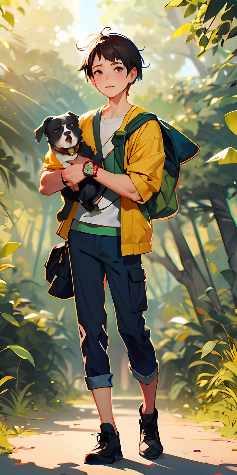 cartoon boy with backpack and dog walking in the woods, scout boy, artwork in the style of guweiz, by Atey Ghailan, by Yang J, detailed fanart, artgerm and atey ghailan, by Ryan Yee, digital anime illustration, inspired by Atey Ghailan, in style of atey ghailan