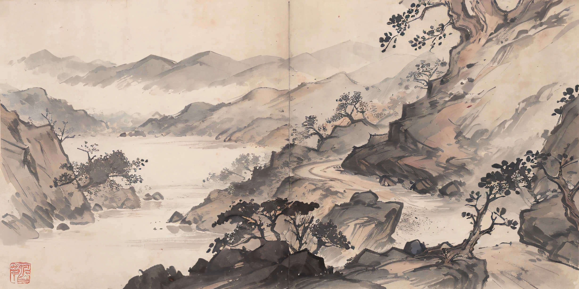 (Masterpiece, best quality: 1.2), traditional Chinese ink painting, high mountains, small hillsides, rocks, trees, no humans,