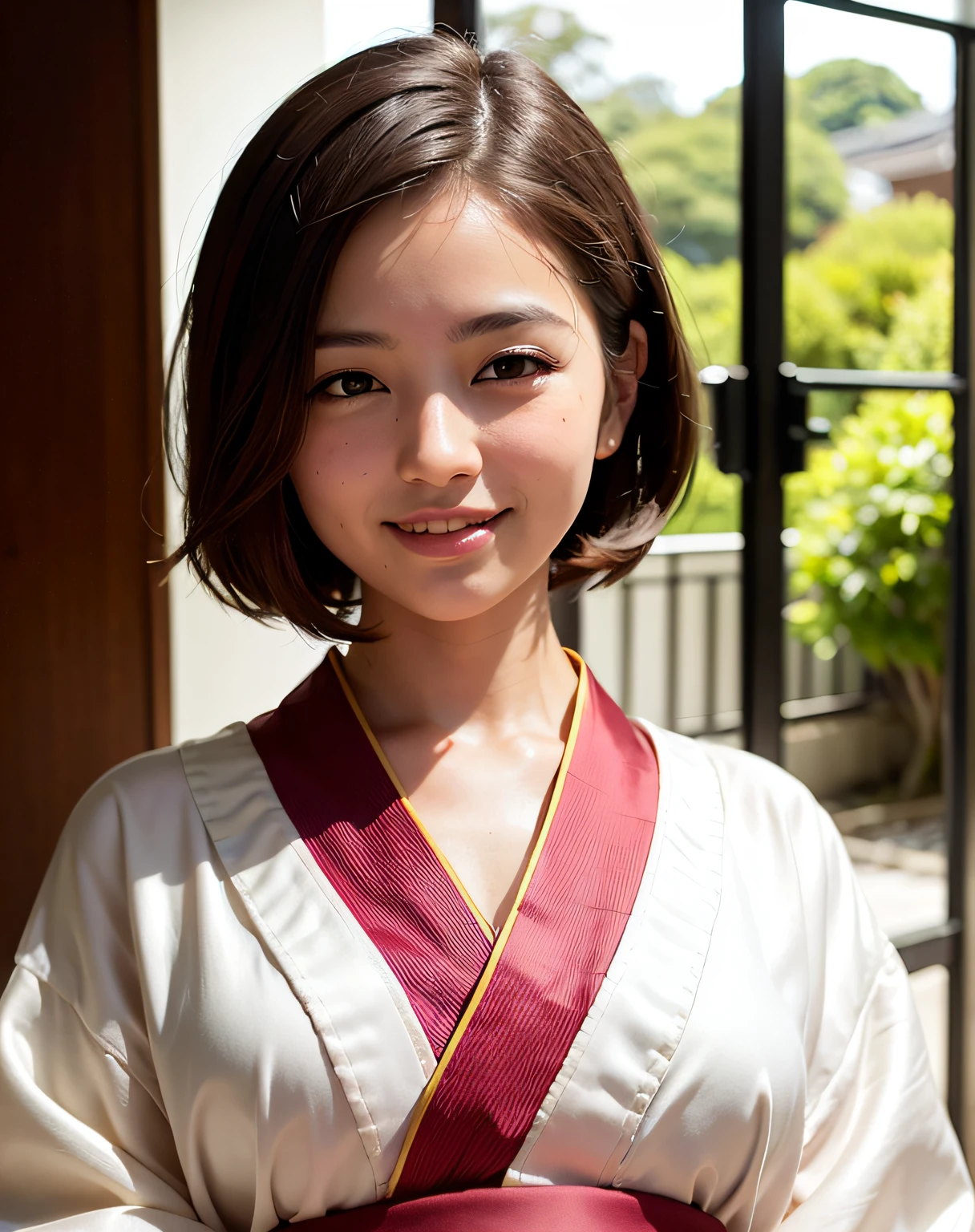 best quality, face focus, soft light, (depth of field) ,ultra high res, (photorealistic:1.4), RAW photo, (portrait:1.4) ,(from front)
1japanese girl, solo, cute, (shy, smile:1.1), (brown eyes), detailed beautiful face, (short_hair ), japanese-style room
(silk kimono:1.4)