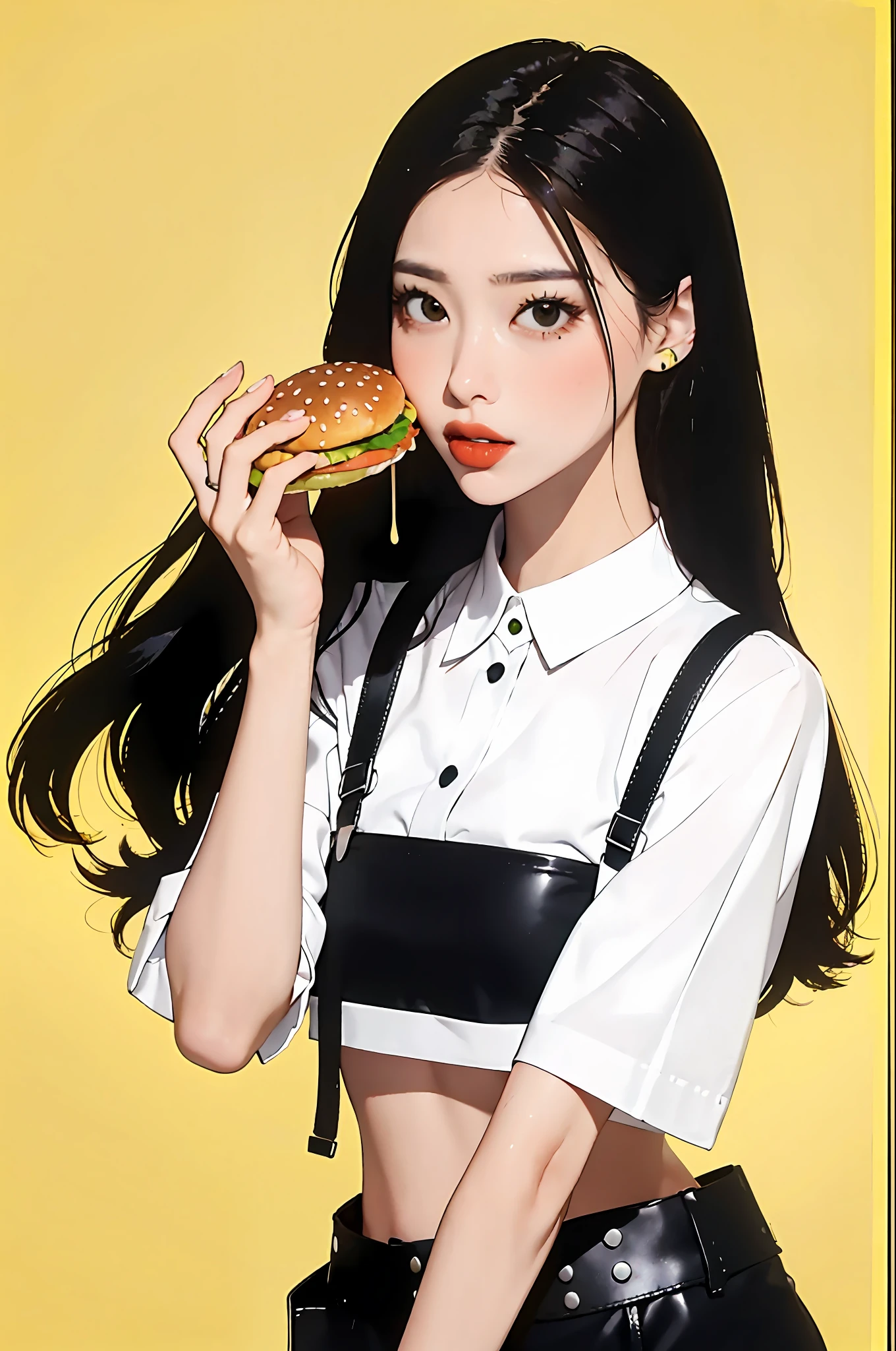 McDonald's hamburger is eating poroid, polaroid film, masterpiece, top quality, girl, bunny girl, yellow background, ulzzang, outfit is fashionable in red