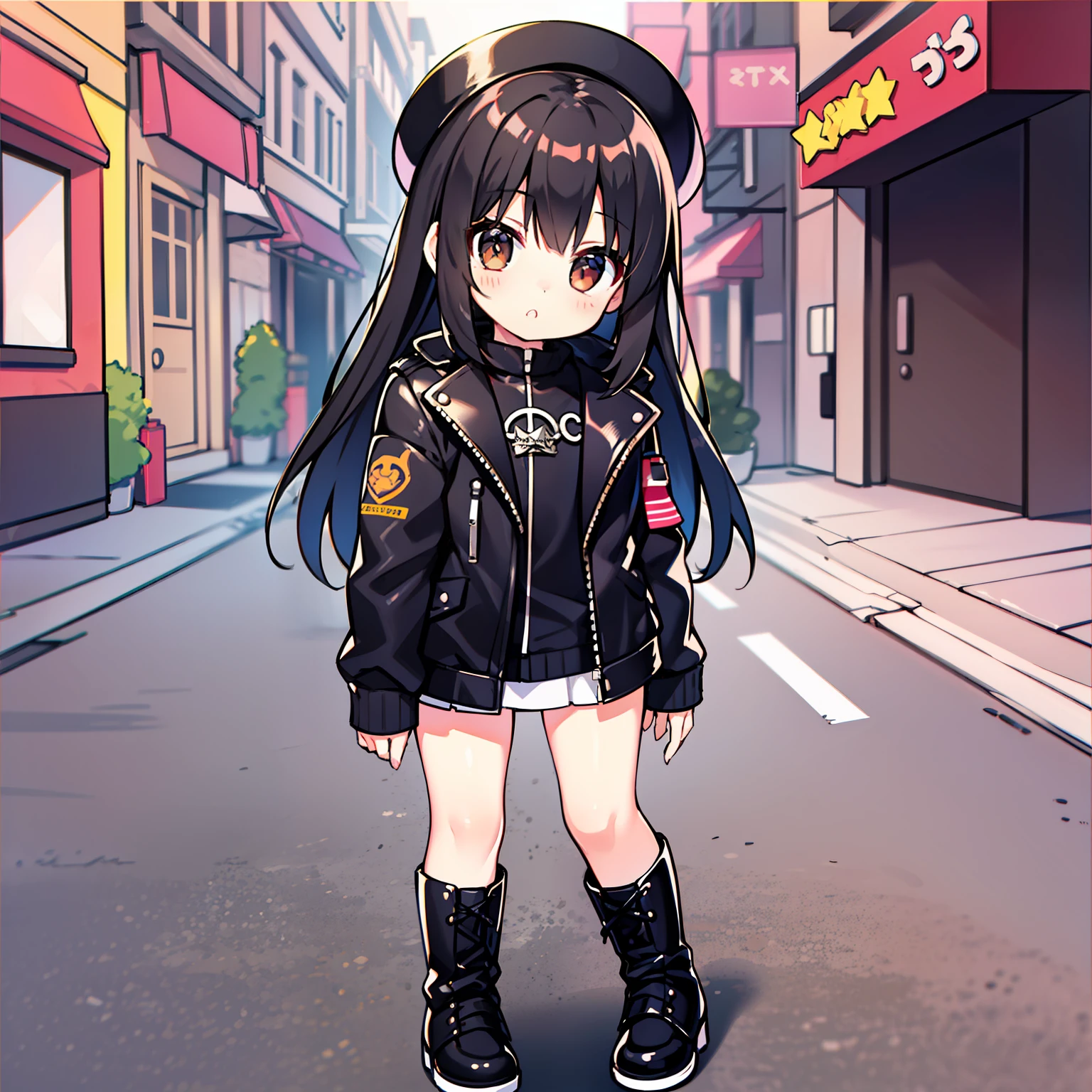 1 caucasian girl, long hair, black hair, brown eyes, with black leather jacket, black boots, rockstar, little girl, about ten years old, loli, toddler, peito liso