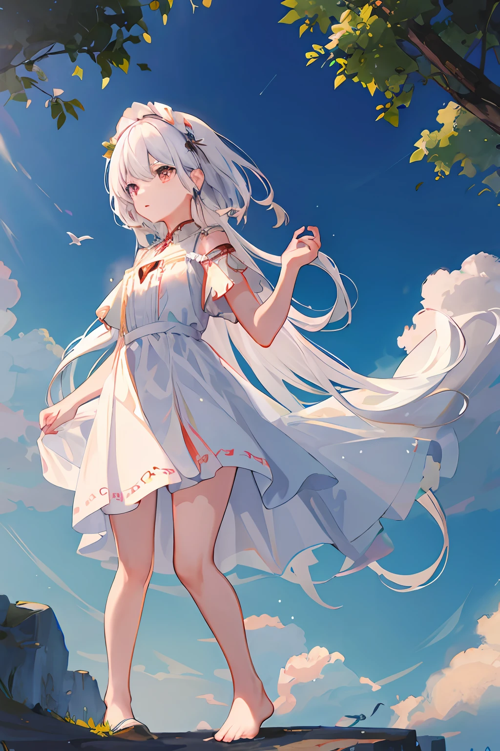 Masterpiece, best quality, 1 long girl with white hair, blue sky, birds, clouds, warm lights, white long dress, 2.5D, blurred foreground, long legs