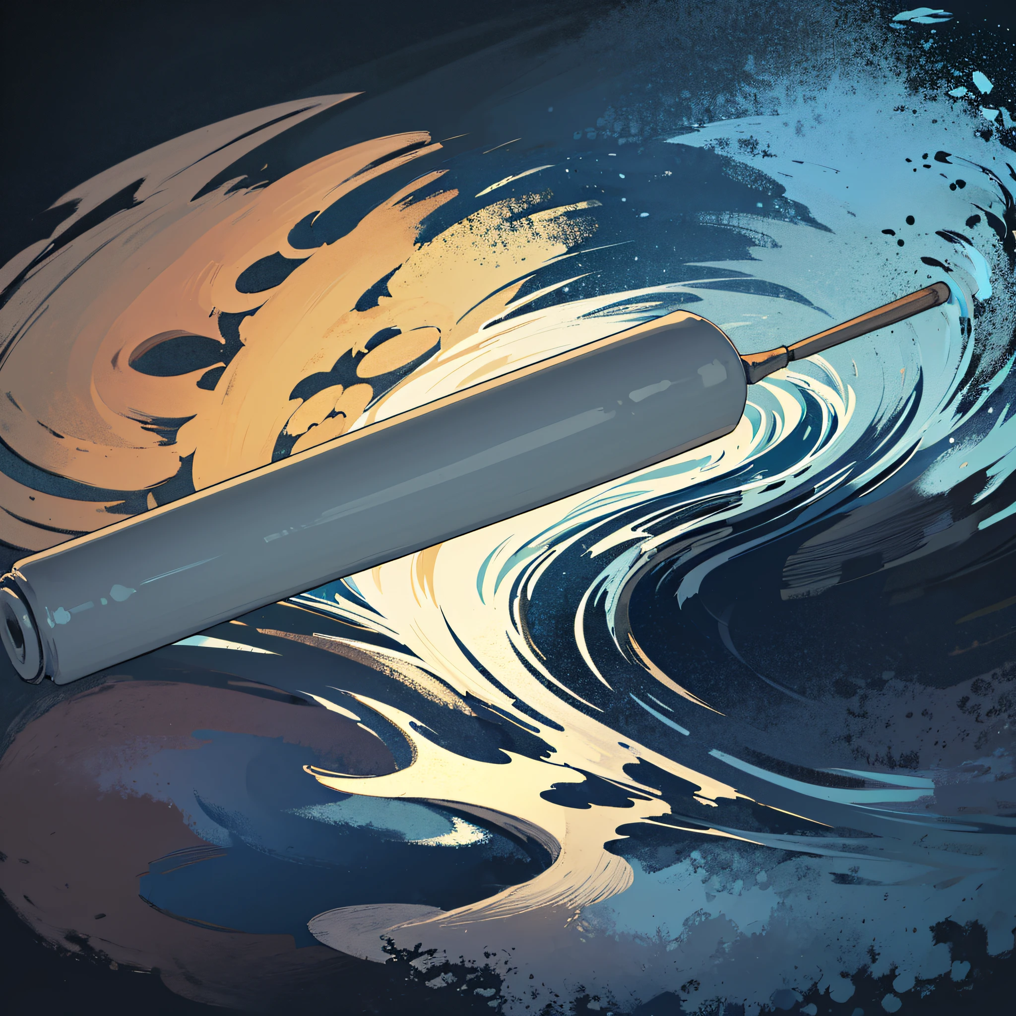 A rolling pin, dark background, halo, water, mist, flowing mist,