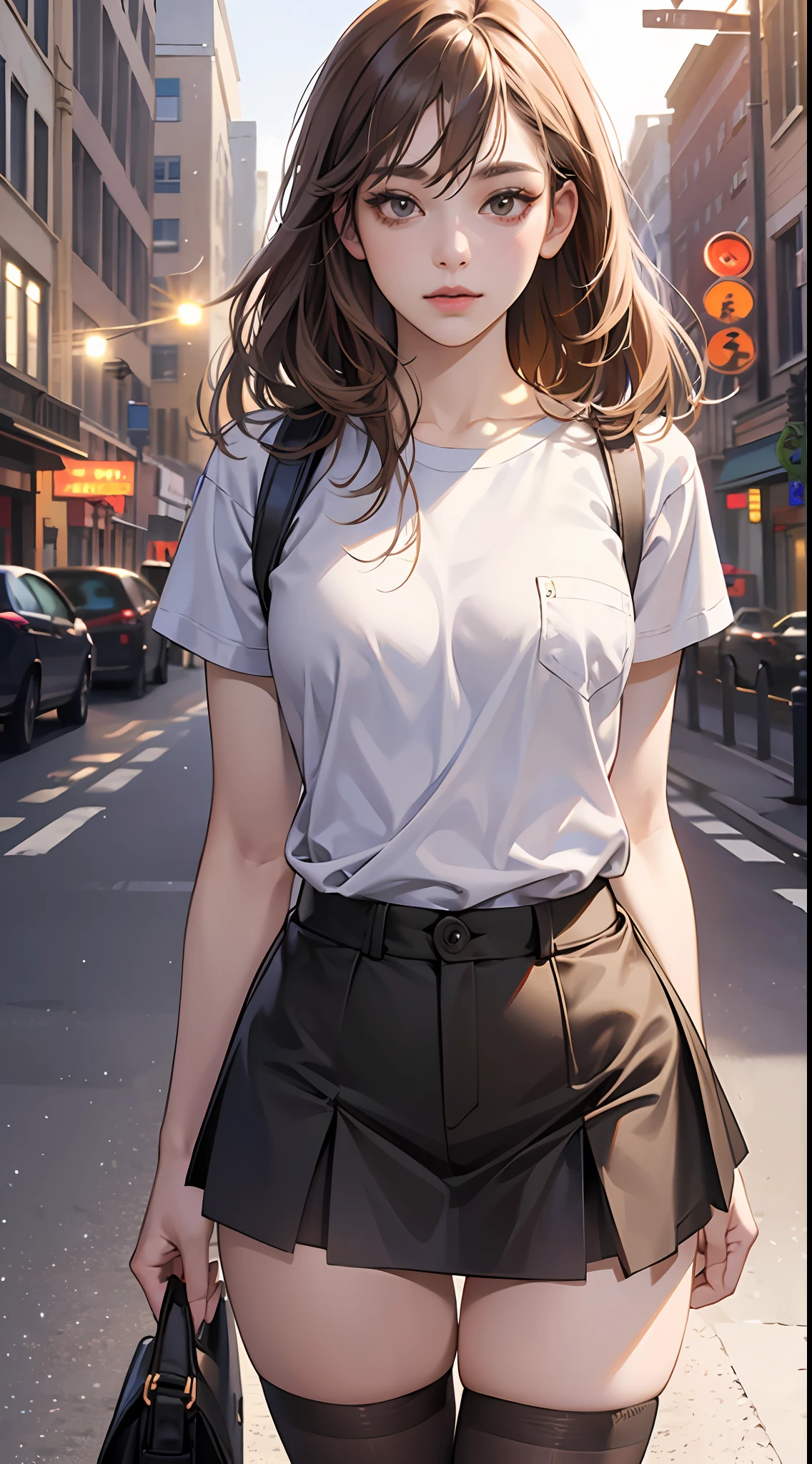 ((Realistic Lighting, Best Quality, 8K, Masterpiece: 1.3)), Focus: 1.2, 1girl, Perfectly shaped Korean beauty: 1.4, Fine abs: 1.1, ((light brown hair)), (White T-shirt: 1.4), (Outdoor, Night: 1.1), anatomically correct, City streets, Super thin face, Thin eyes, Double eyelids, Miniskirt, (Black socks over the knee: 1.5) hyperrealistic --auto --s2