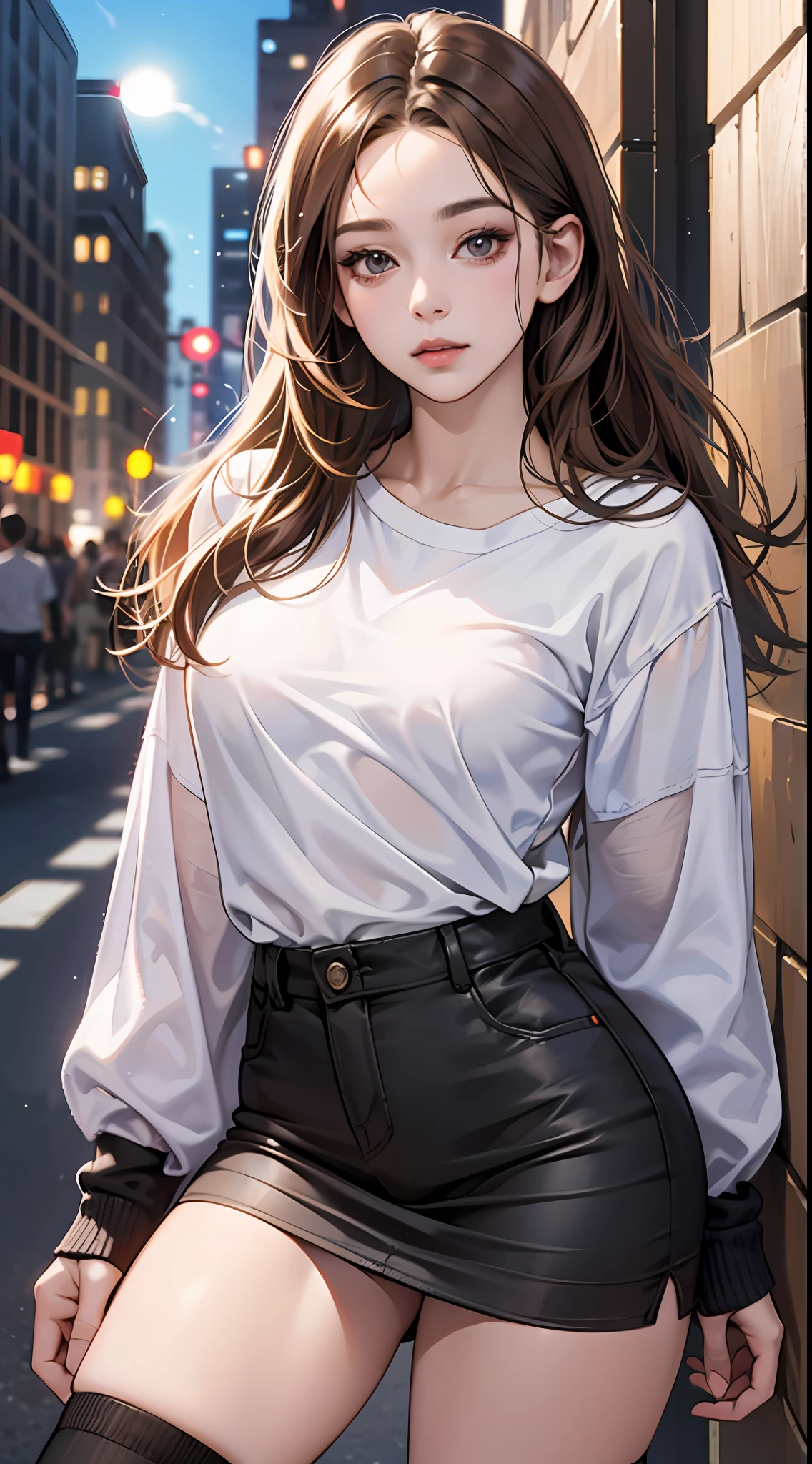 ((Realistic Lighting, Best Quality, 8K, Masterpiece: 1.3)), Focus: 1.2, 1girl, Perfectly shaped Korean beauty: 1.4, Fine abs: 1.1, ((light brown hair)), (White T-shirt: 1.4), (Outdoor, Night: 1.1), anatomically correct, City streets, Super thin face, Thin eyes, Double eyelids, Miniskirt, (Black socks over the knee: 1.5) hyperrealistic --auto --s2