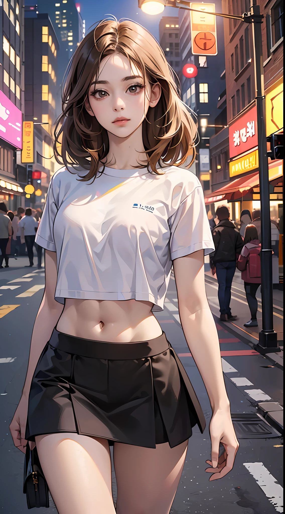 ((Realistic Lighting, Best Quality, 8K, Masterpiece: 1.3)), Focus: 1.2, 1girl, Perfectly shaped Korean beauty: 1.4, Fine abs: 1.1, ((light brown hair)), (White T-shirt: 1.4), (Outdoor, Night: 1.1), anatomically correct, City streets, Super thin face, Thin eyes, Double eyelids, Miniskirt, (Black socks over the knee: 1.5) hyperrealistic --auto --s2