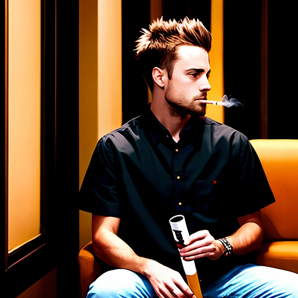 Profile photo of the character Jesse Pinkman from the series Breaking Bad, smoking marijuana, with a black blouse, no jacket, and with a red pants somewhat wide but that fits the leg. In this blouse, the center should contain the face of Nacho Vargo, stylized in a style similar to the opening of the series, with the single and main color being yellow. Jesse must be sitting on a couch, in a dark but visible environment, he must also be holding his cigarette approximately 5 inches from his mouth, and releasing smoke from his mouth, smoke that is neither little nor very predominant, medium.