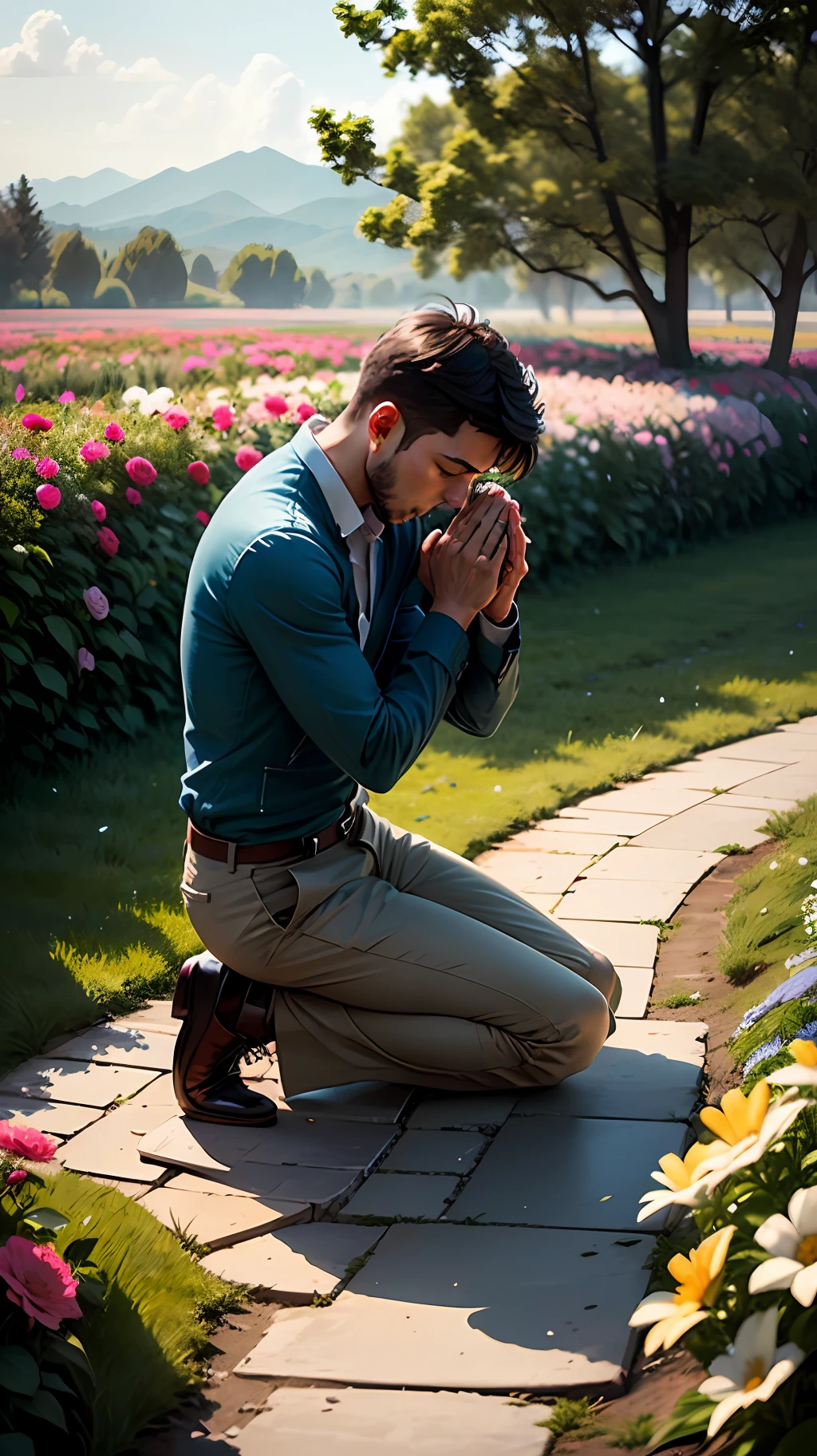 A kneeling man praying to God in a very beautiful place full of flowers --auto